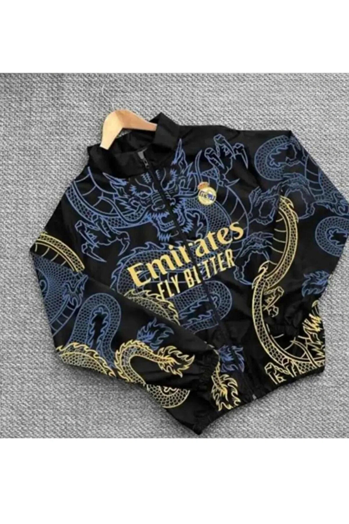 Fly Emirates Real Unisex Dijital Baskı Paraşüt Kumaş Oversize Baskılı Siyah Rüzgarlık Yağmurluk