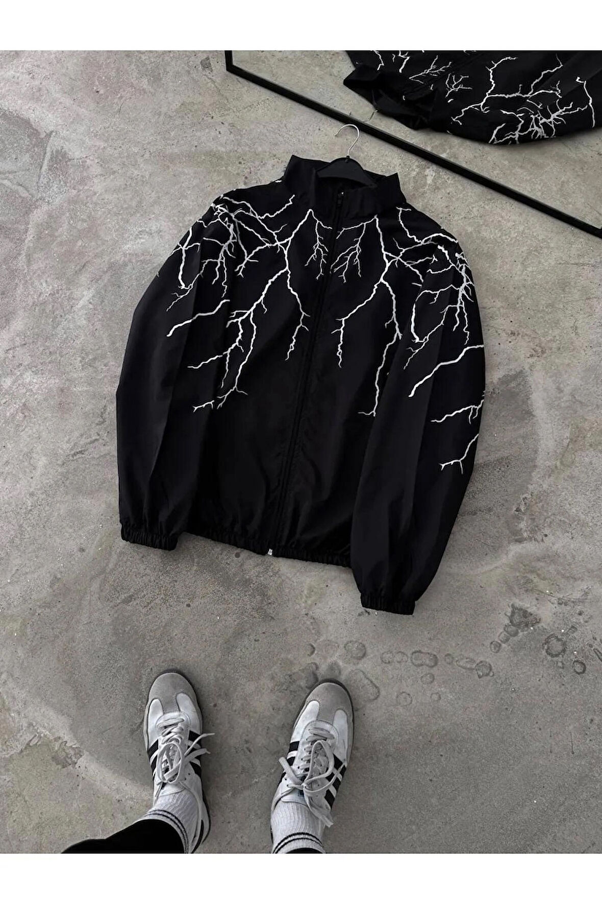 Siyah Şimşek Unisex Dijital Baskı Paraşüt Kumaş Oversize Baskılı Siyah Rüzgarlık Yağmurluk
