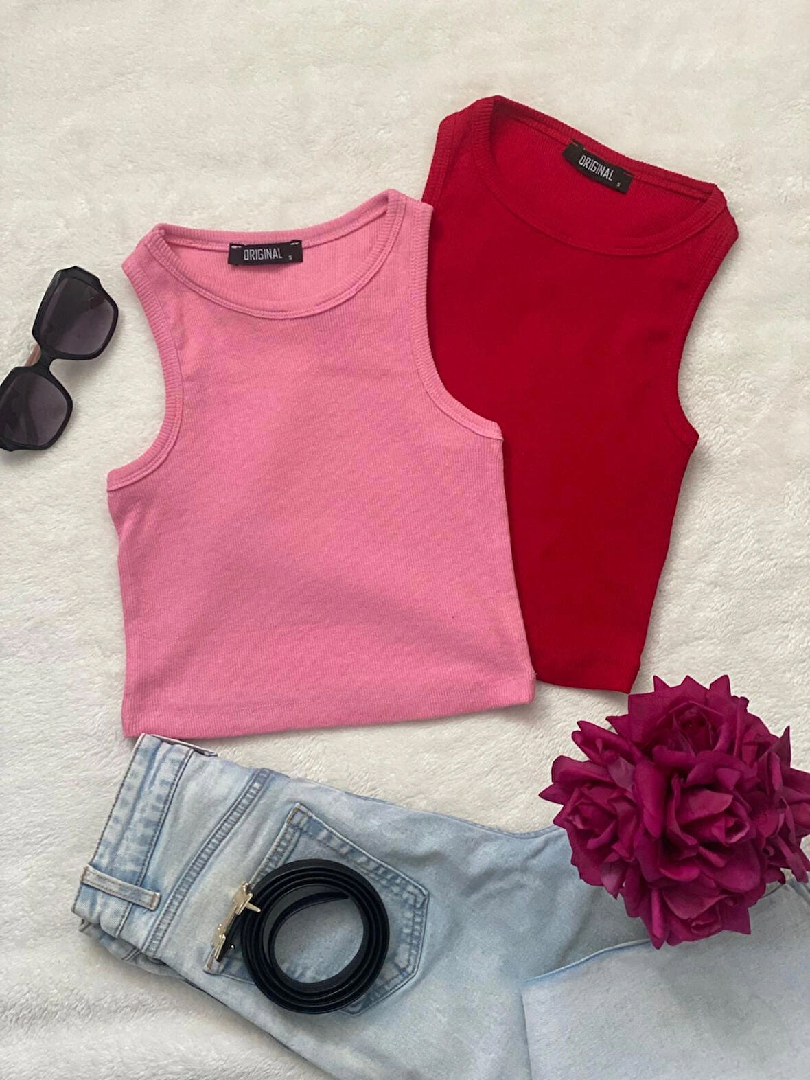 Wearflawless 2'li Adet Kadın Halter Yaka Fitilli Kaşkorse Askılı Sıfır Kol Crop Bluz Atlet