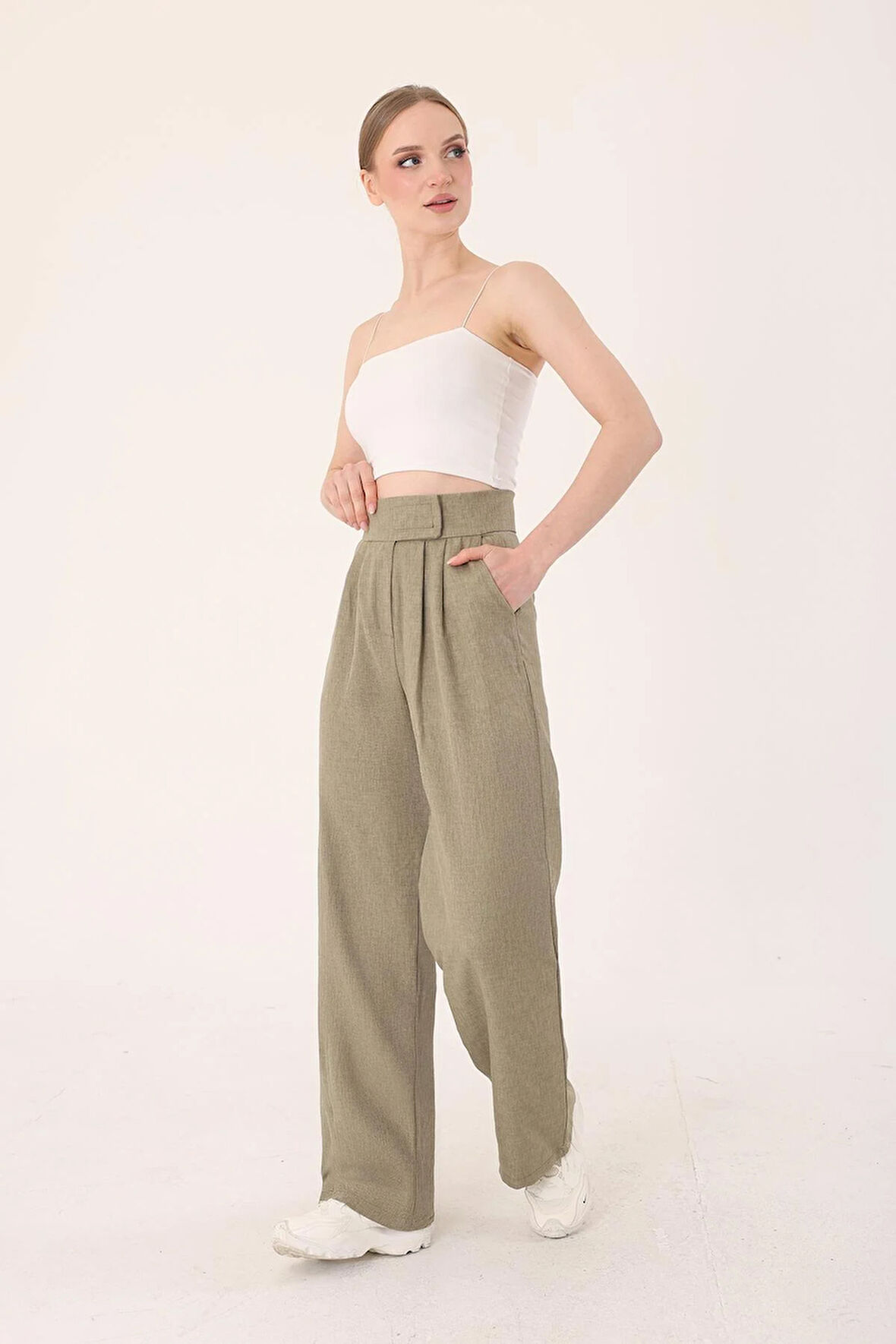 	Kadın Haki Cırtlı Keten Palazzo Pantolon