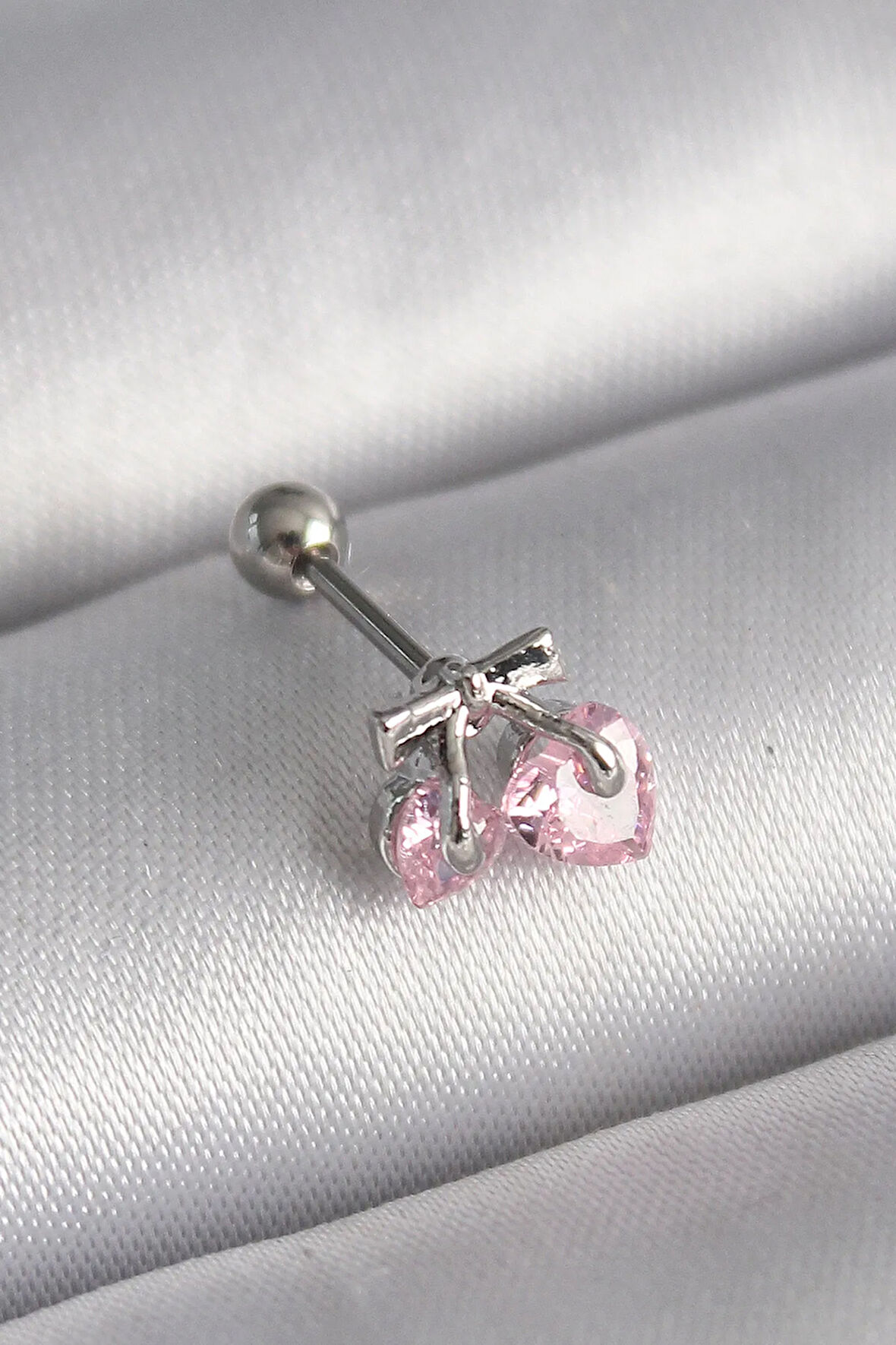 316L Çelik Gümüş Renk Pembe Zirkon Taşlı Kalp Tragus Piercing - Lisinya