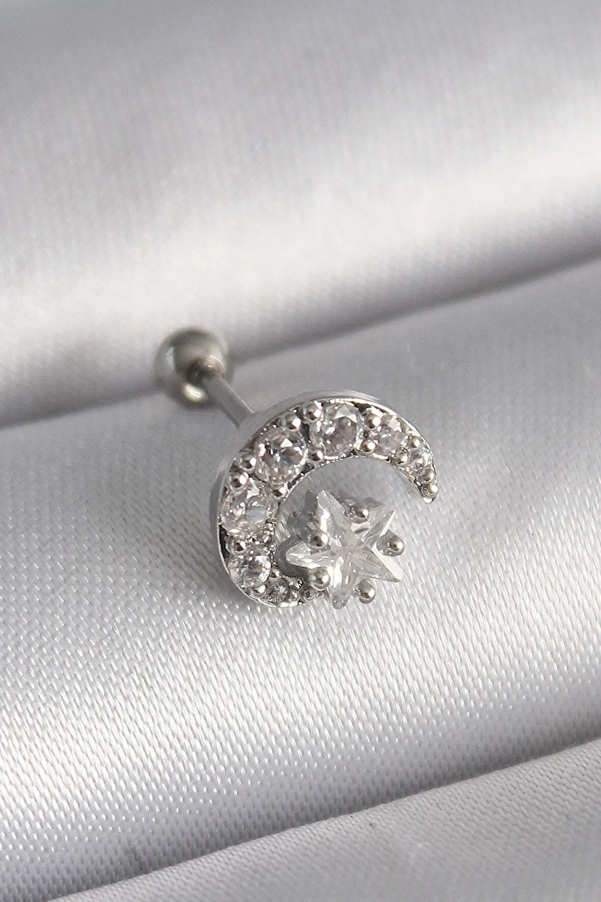 316L Çelik Gümüş Renk Zirkon Taşlı Ay Yıldız Tragus Piercing - Lisinya
