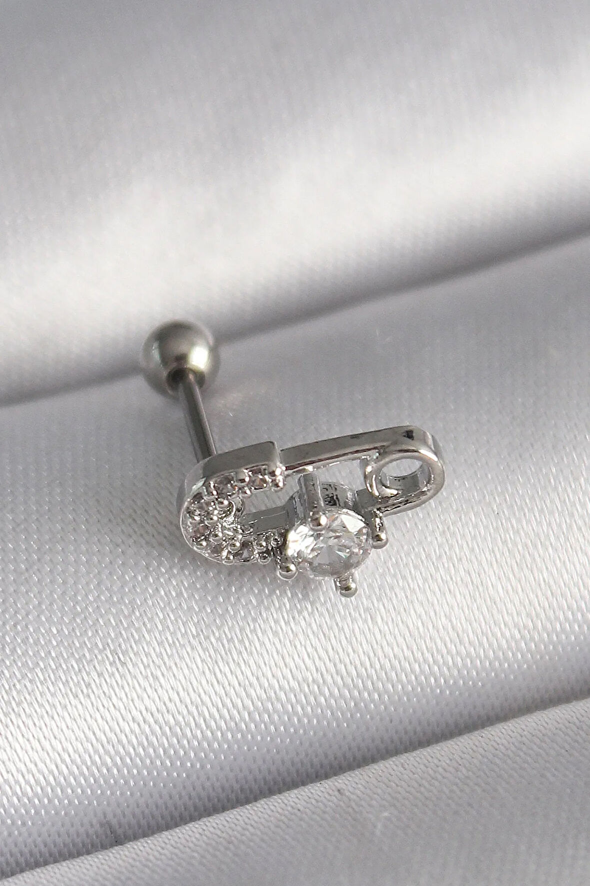 316L Çelik Gümüş Renk Zirkon Taşlı Toplu İğne Tragus Piercing - Lisinya