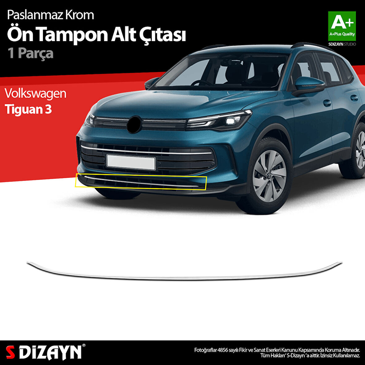 S-Dizayn VW Tiguan 3 Krom Ön Tampon Alt Çıtası 2024 Üzeri A+ Kalite