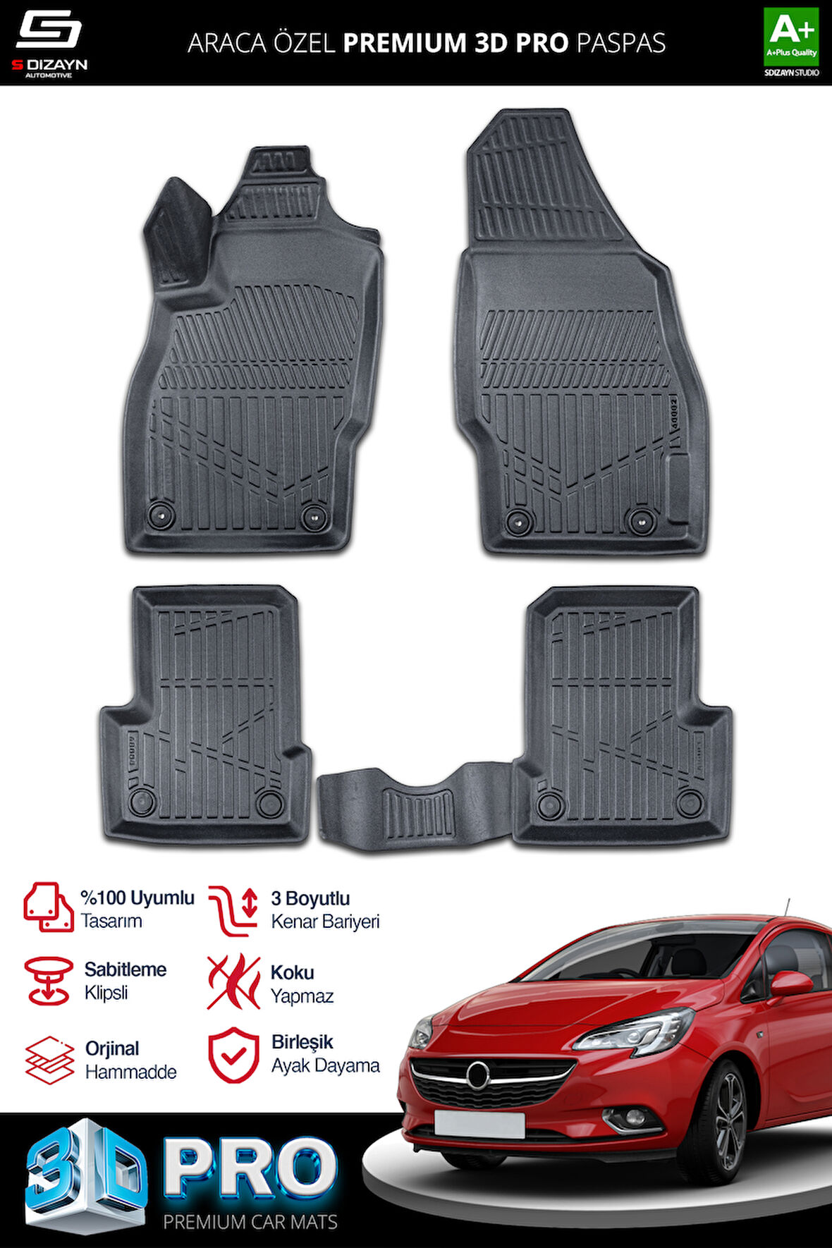 S-Dizayn Opel Corsa E 3D Pro Havuzlu Paspas 2014-2019 A+ Kalite
