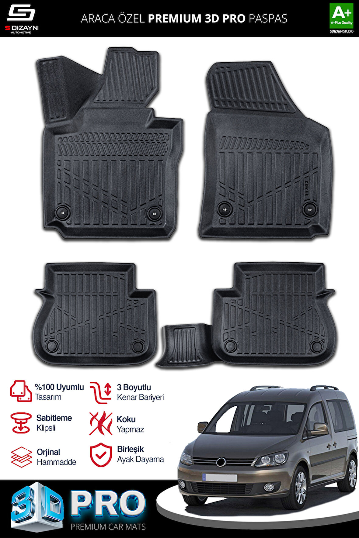 S-Dizayn Volkswagen Caddy 3D Pro Havuzlu Paspas 2010-2015 A+ Kalite