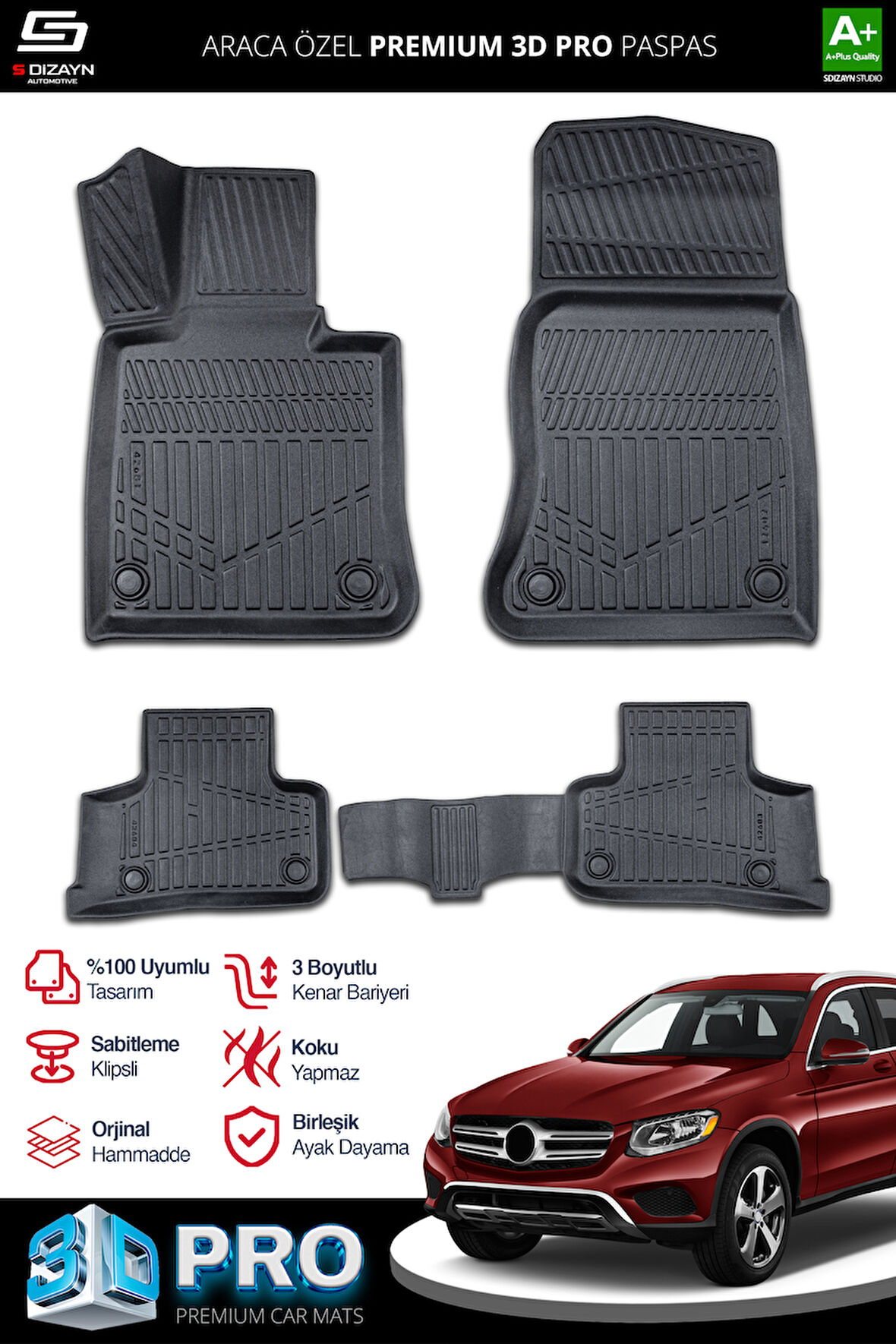 S-Dizayn Mercedes GLC 3D Pro Havuzlu Paspas 2015-2023 A+ Kalite