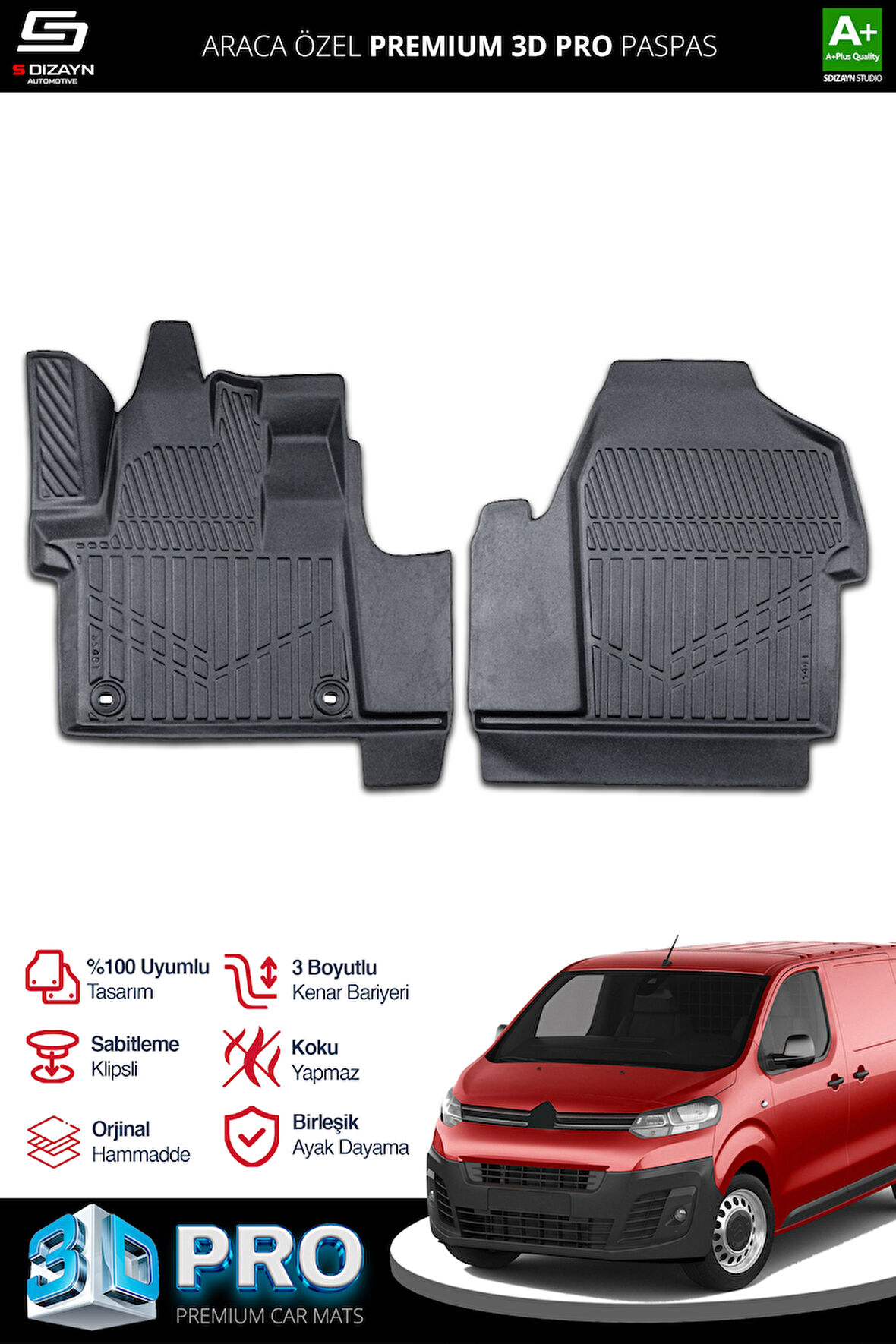 S-Dizayn Citroen Jumpy Panelvan 3D Pro Havuzlu Ön 2'Li Paspas 2016 Üzeri A+ Kalite