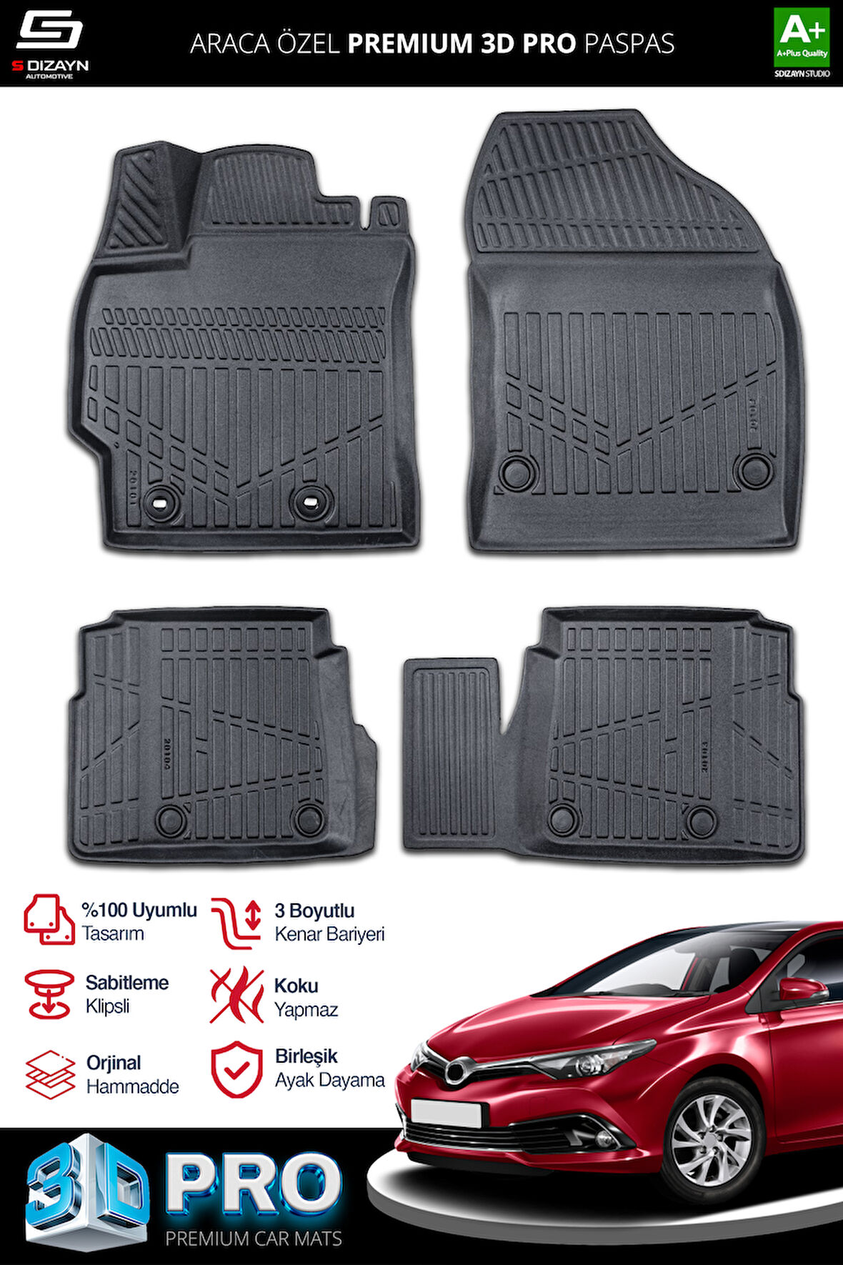 S-Dizayn Toyota Auris 3D Pro Havuzlu Paspas 2013-2020 A+ Kalite