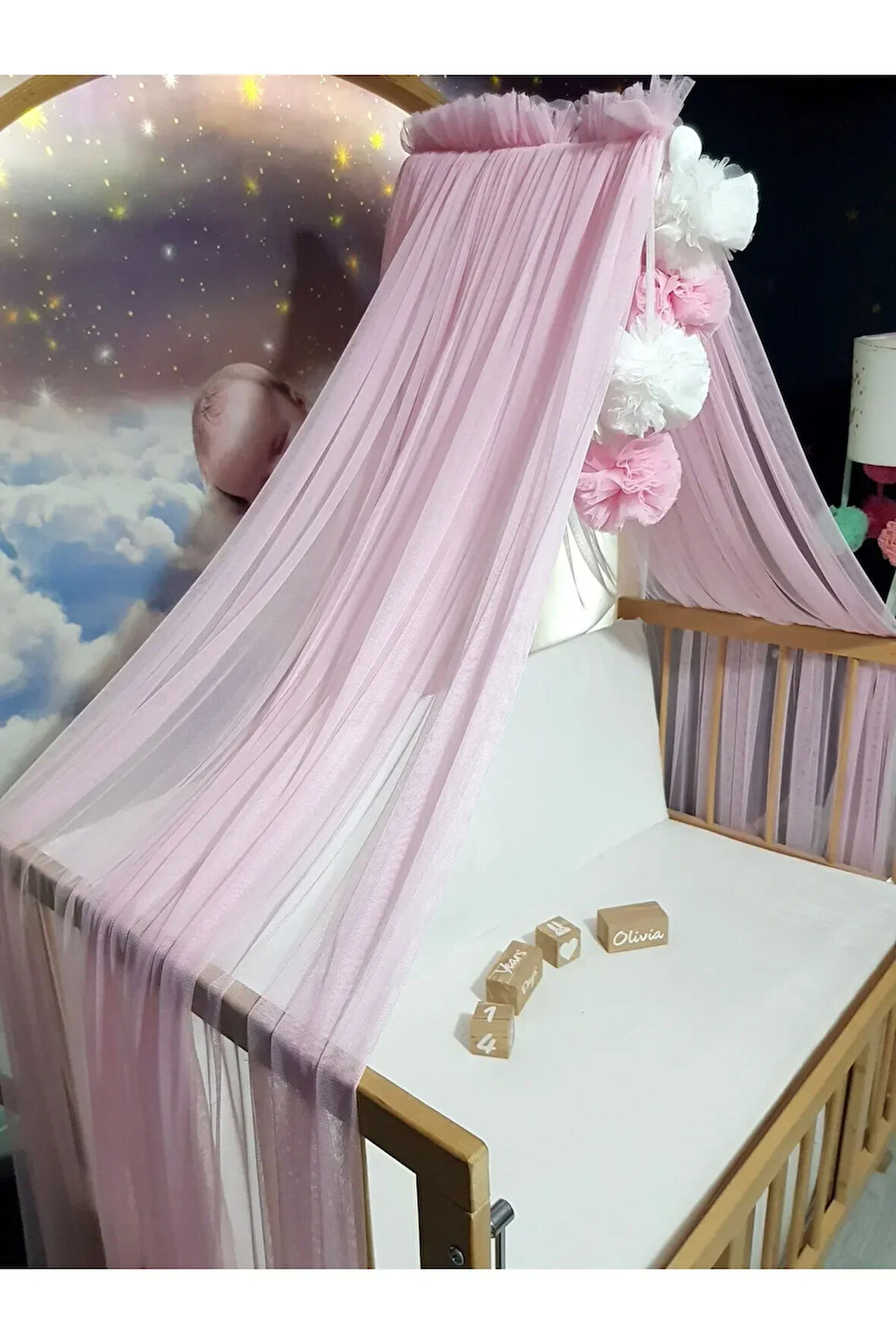 Bebek Lüks Cibinlik Takımı - Açık Pembe ve Beyaz Dört Ponponlu - 6 Metre Likra Tül (Aparat Dahil)