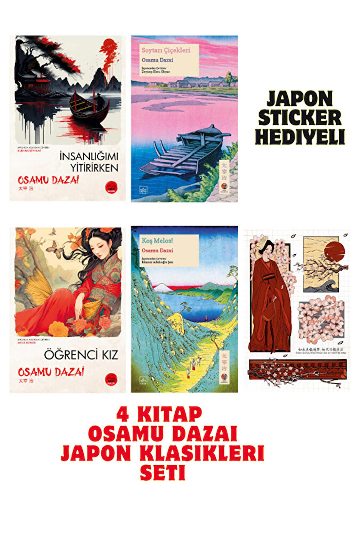 4 Kitap Osamu Dazai/ İnsanlığımı Yitirirken+Soytarı Çiçekleri+Öğrenci Kız+Kos Melos Japon Sticker