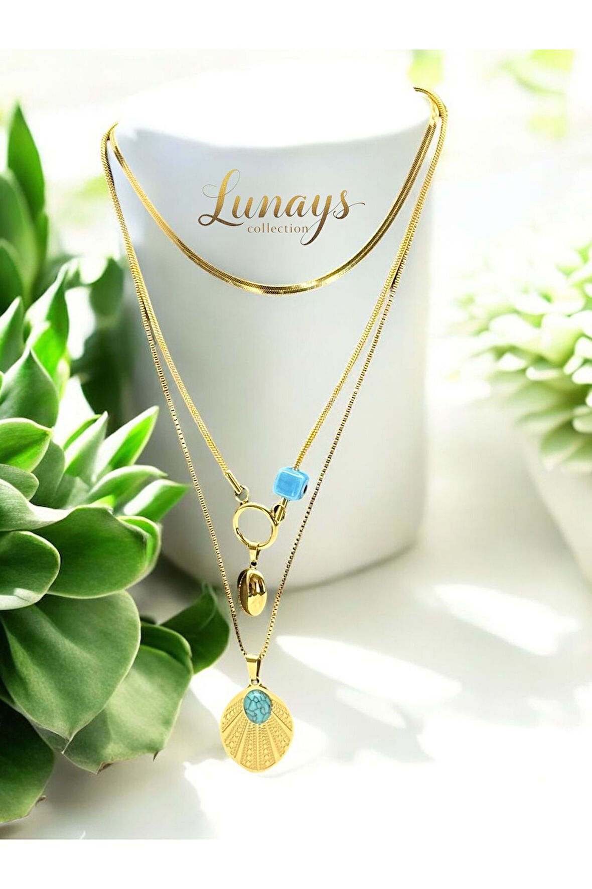 Paslanmaz Çelik 3 lü Asya Feruze Taşlı Model Zincir Kadın Kolye Gold Renk