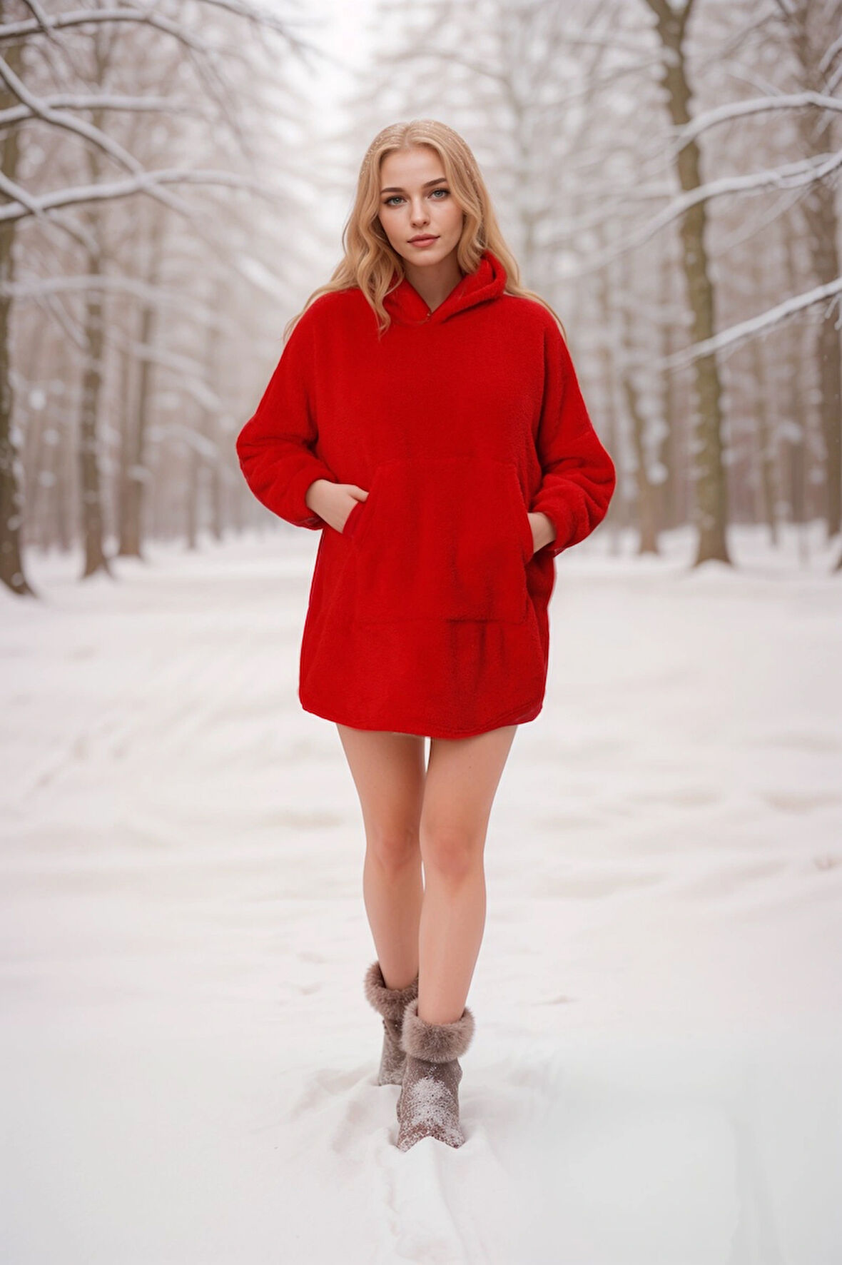 Kırmızı Kapşonlu Oversize Peluş Welsoft Sweat Panço Battaniye Giyilebilir Kışlık Pijama