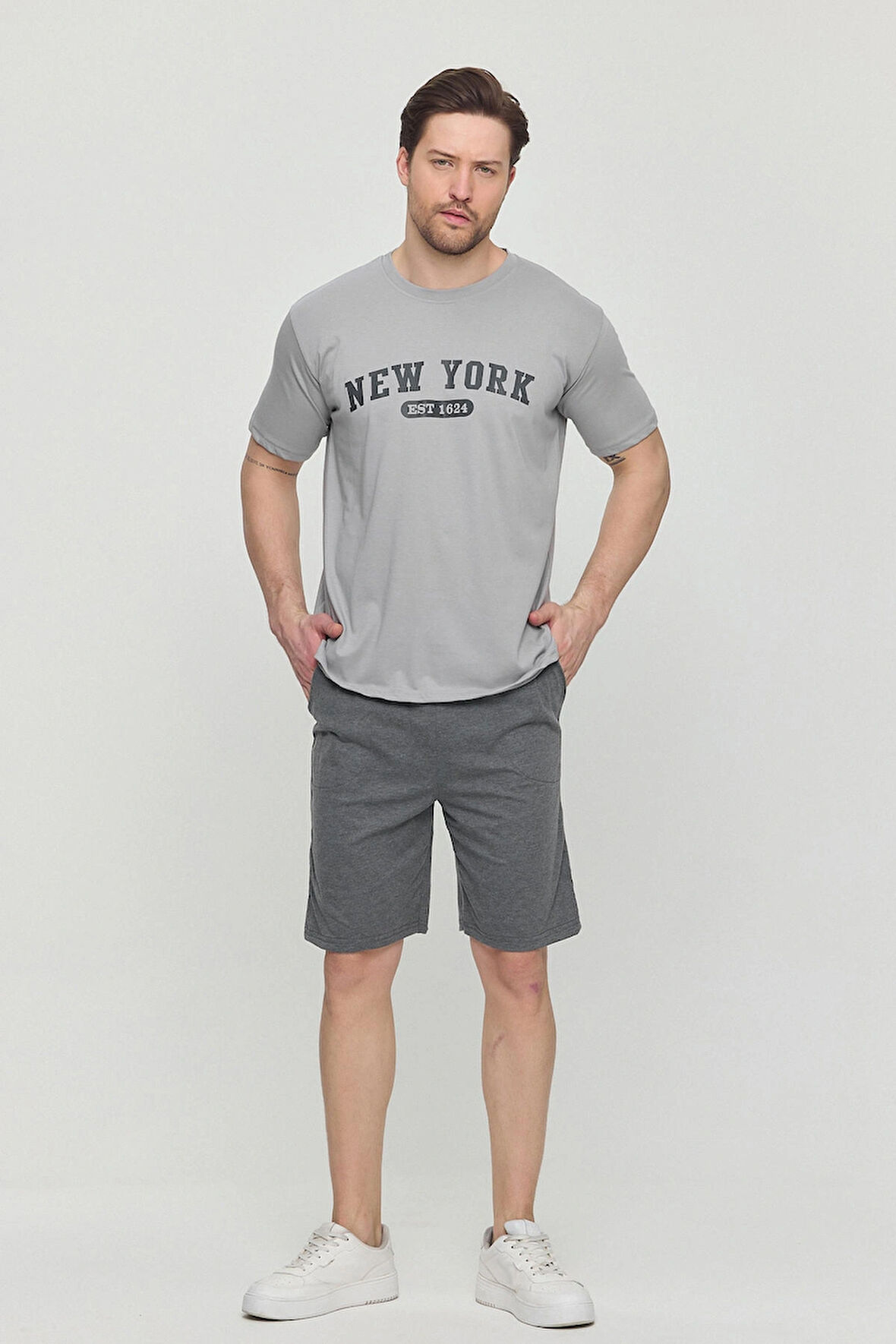 New York Yazlık Erkek Şortlu Takım 100% Pamuk Sporcu,fitness,ev Giyim,Cepli