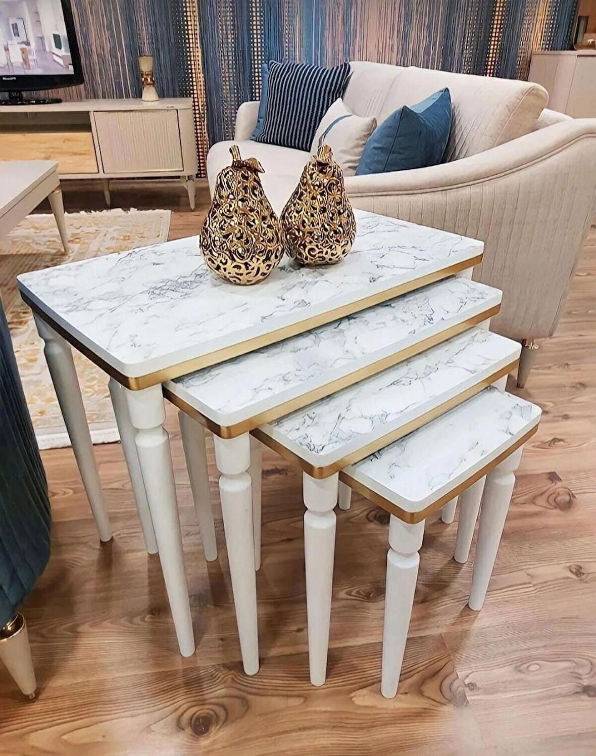 4lü Lüx Zigon Sehpa Beyaz Mermer Gold