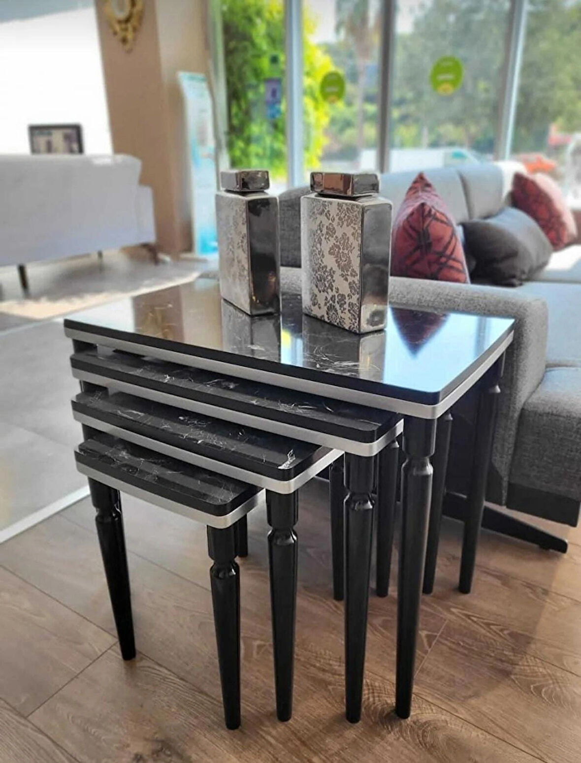 4lü Lüx Zigon Sehpa Siyah Mermer Gümüş