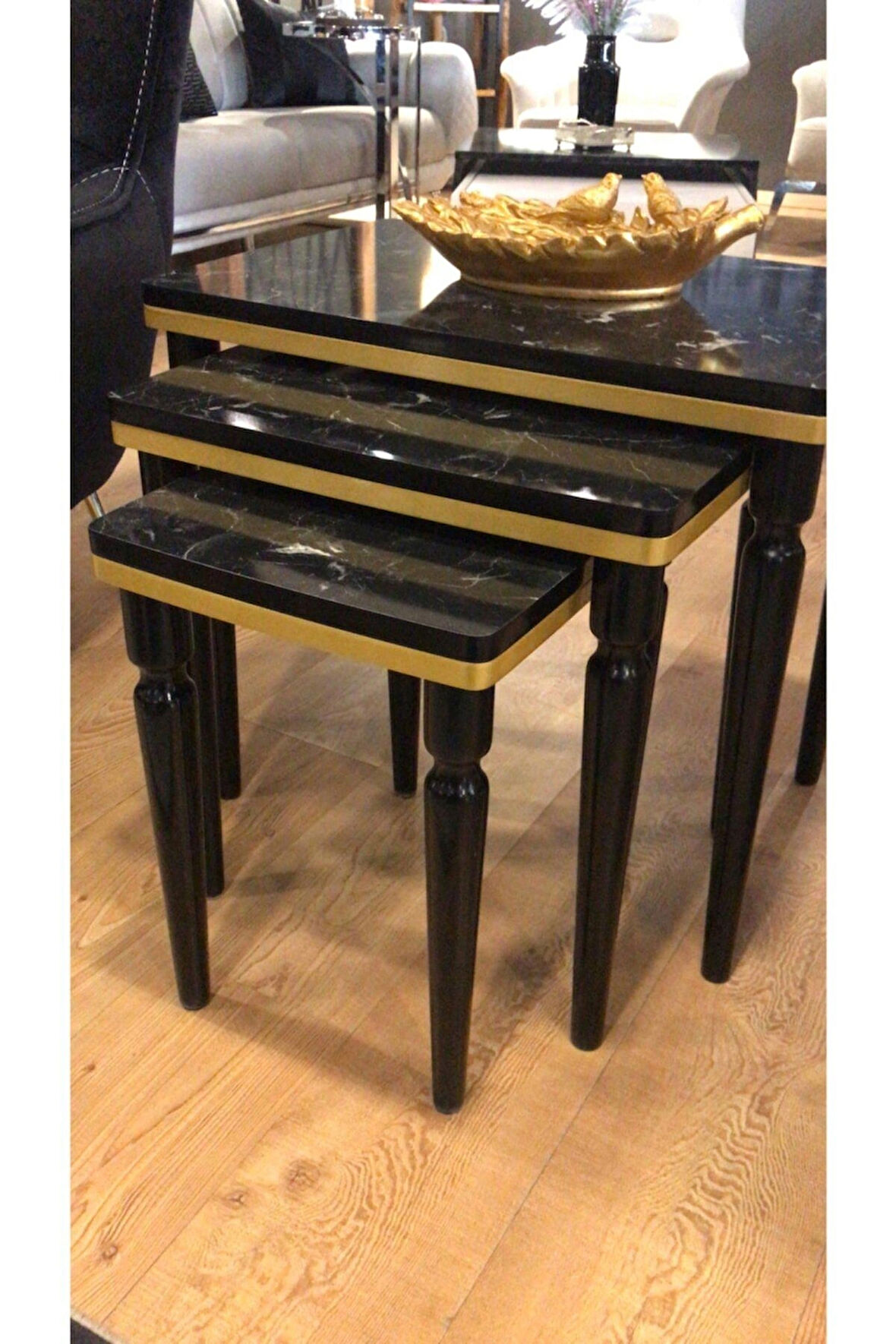 3lü Lüx Zigon Sehpa Siyah Mermer Gold