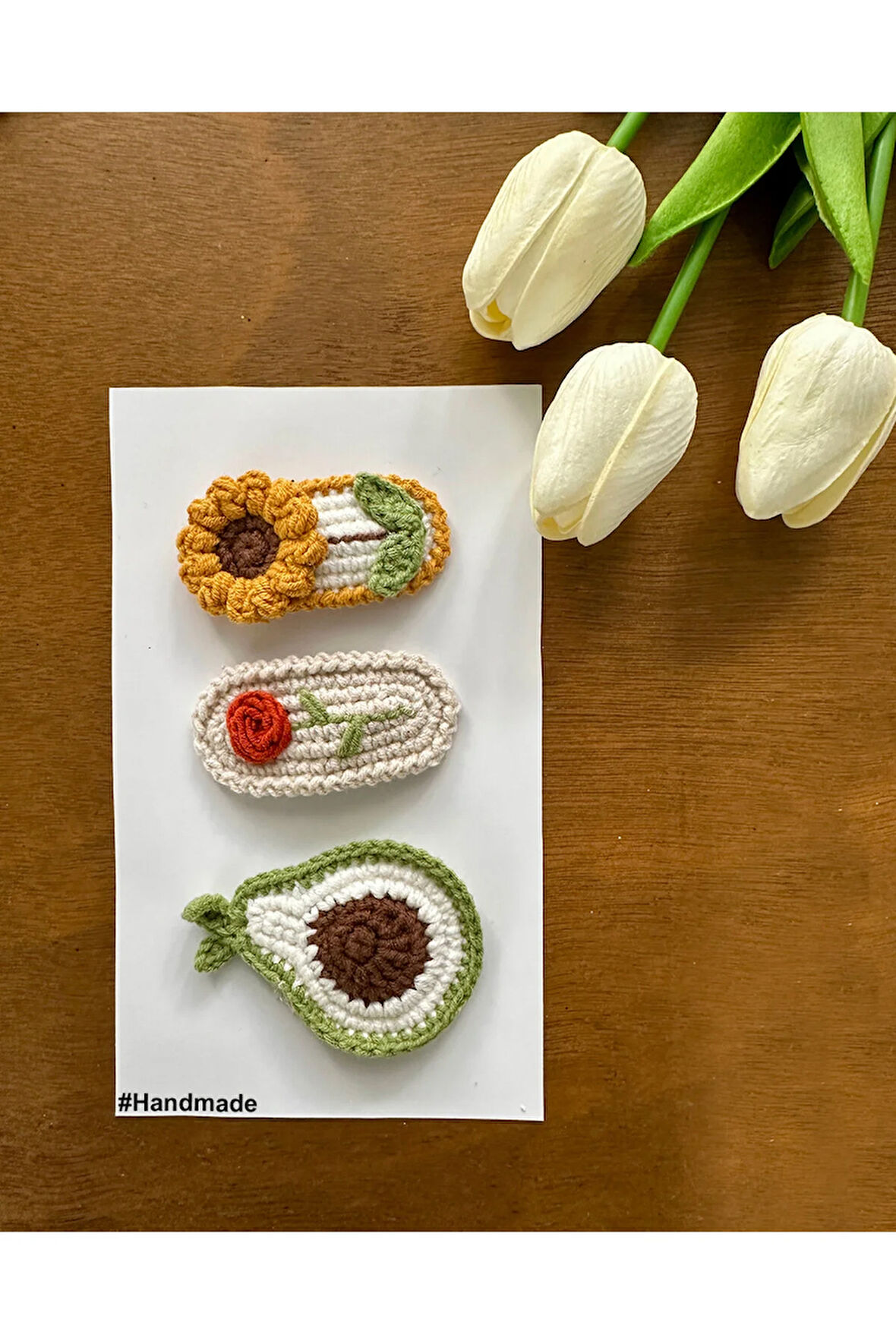 Saç Tokası Özel Tasarım Güneş,Çiçek,Avakado Handmade 3'lü Çıt Çıt Toka Seti