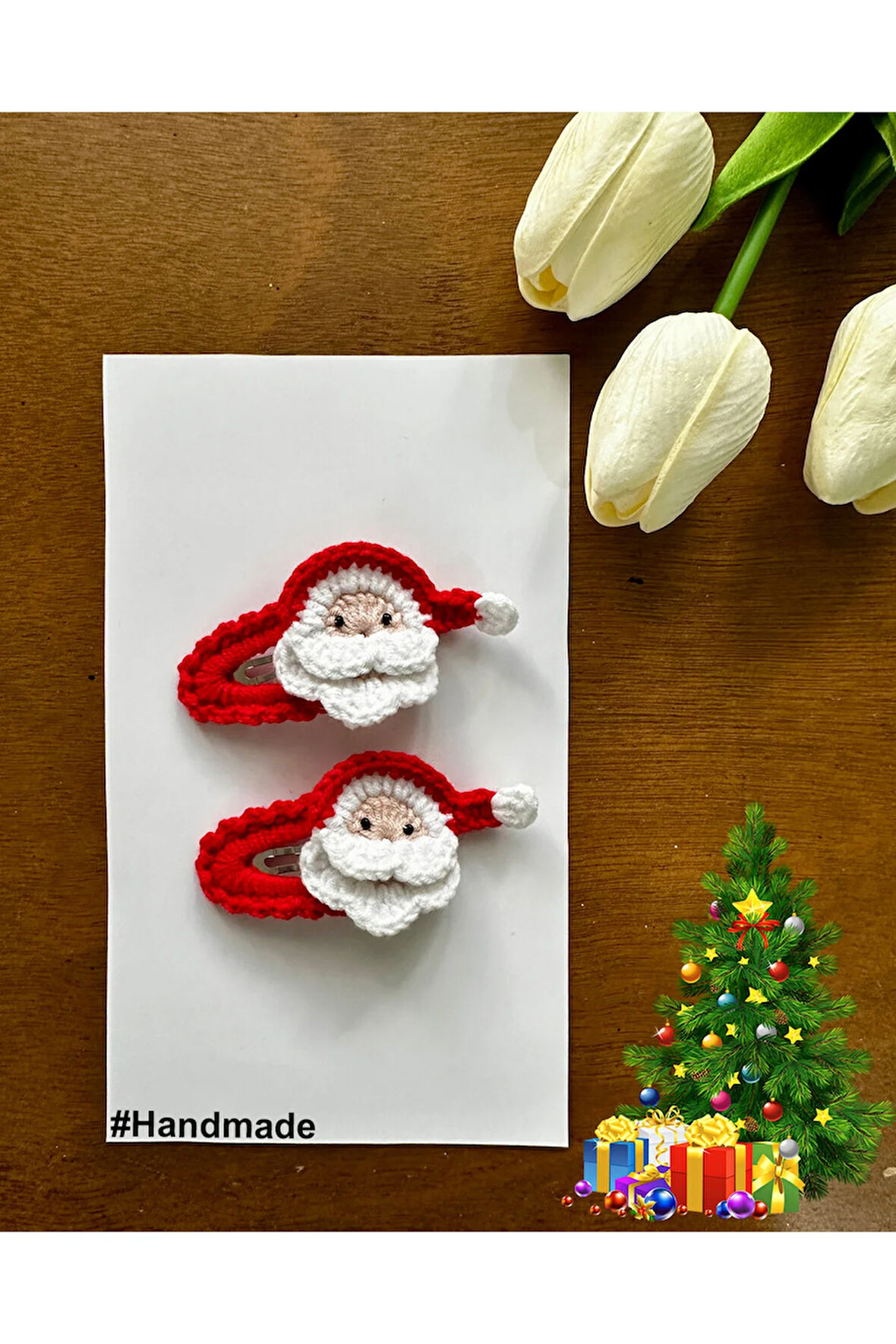 Saç Tokası Özel Yılbaşı Noel Baba Tasarımı Handmade 2'li Çıt Çıt Toka Seti