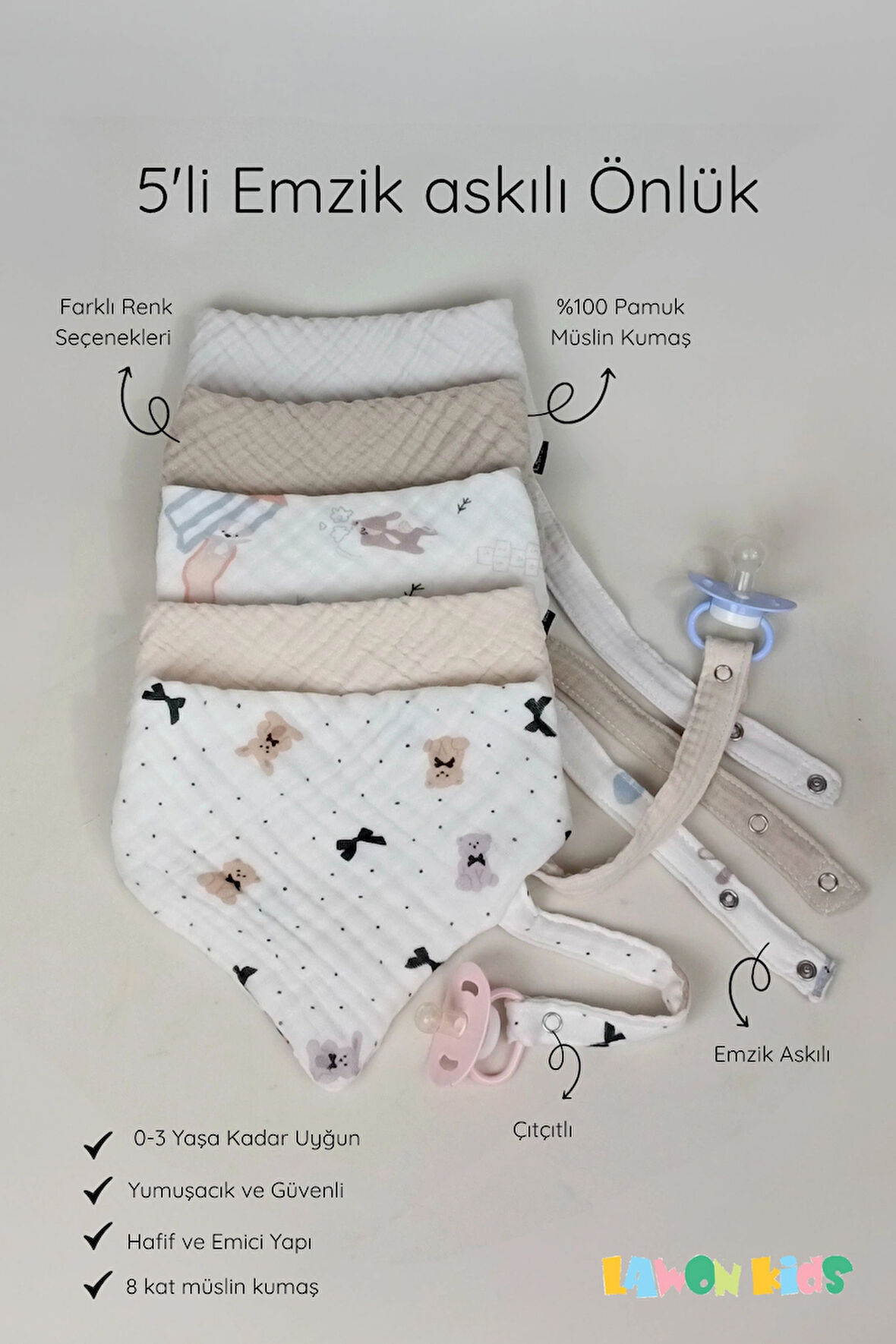5'li %100 Pamuk 8 Katlı Müslin Emzik Askılı Kız Erkek Bebek Salya Ve Mama Önlüğü & Fular