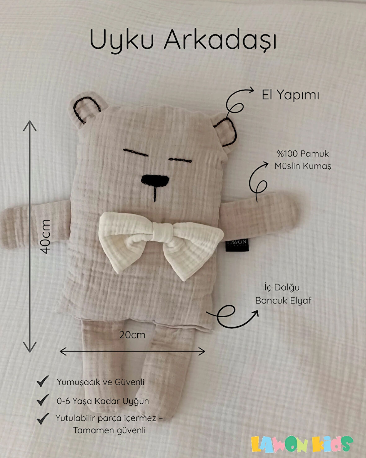 Çocuk Bebek Müslin Uyku Arkadaşı – Gogo Panda El Yapımı Büyük Yastık