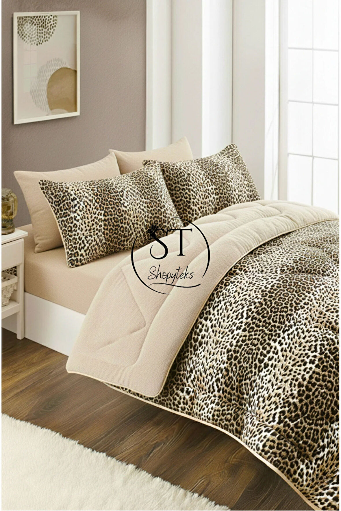 Çift kişilik Leopar Welsoft Uyku Seti Çift Taraflı 195x215 - 4 Adet Yastık Kılıfı