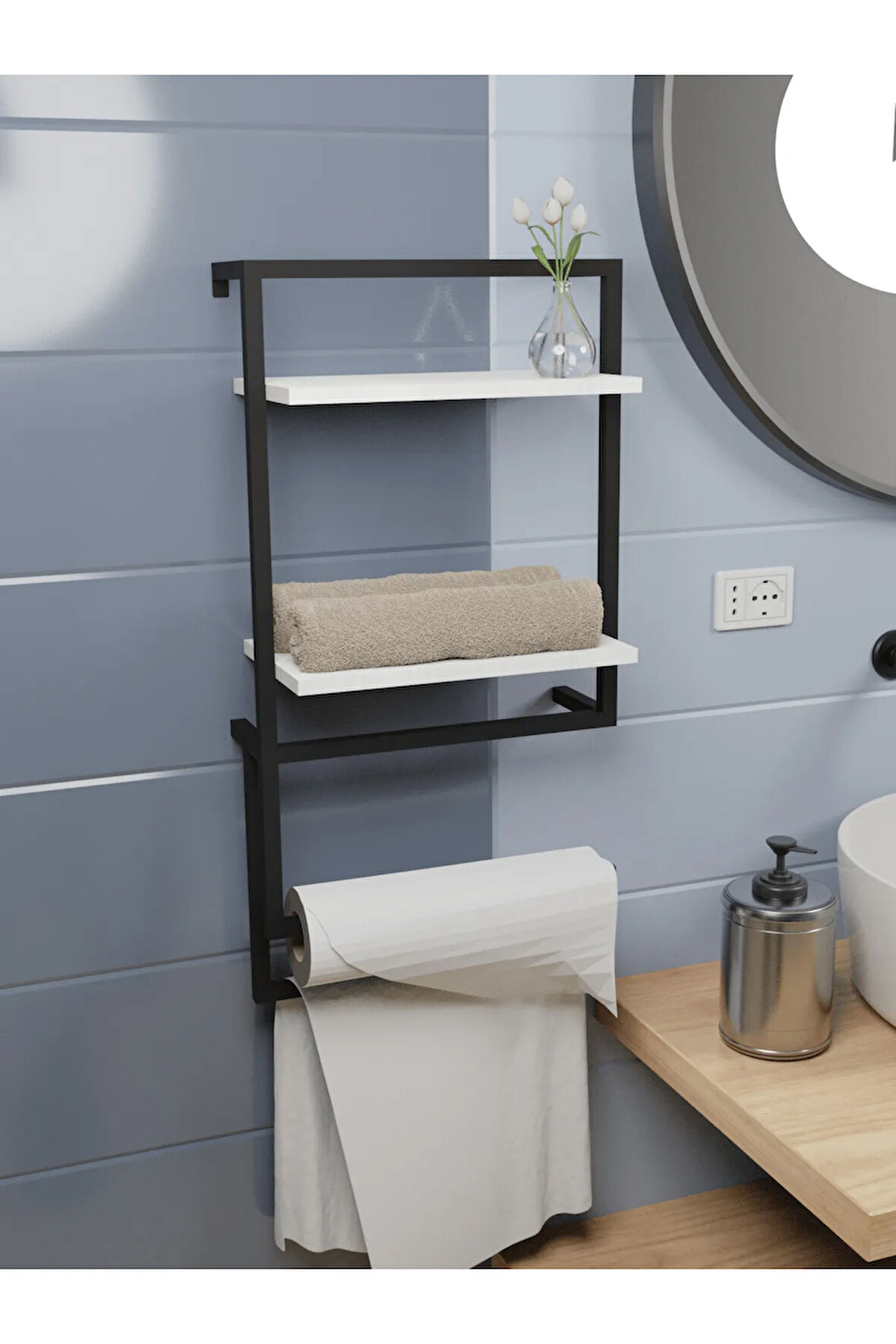 Linea Raflı Duvara Monte Havluluk Siyah Metal Beyaz Raf