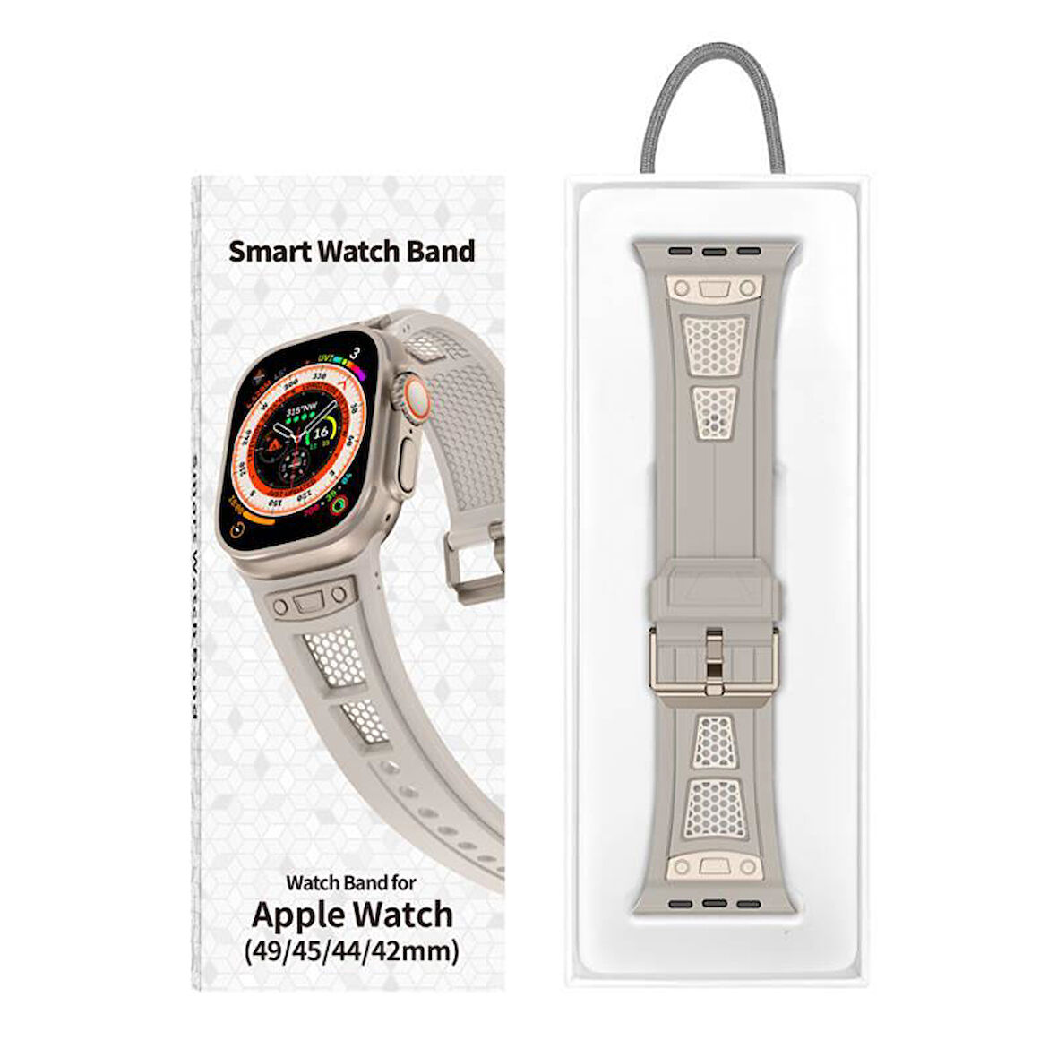 Apple Watch Ultra 49mm Zore KRD-117 Hava Alabilen Delikli Metal Süslemeli Desenli Silikon Kordon