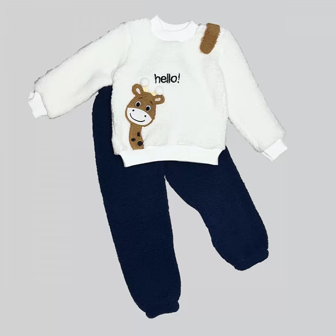 Lenaca 1-2-3 Yaş Hello Zürafa Nakışlı Kuzu Kumaş Sweat Pantolon Uzun Kollu Kız Erkek 2 Li Takımı