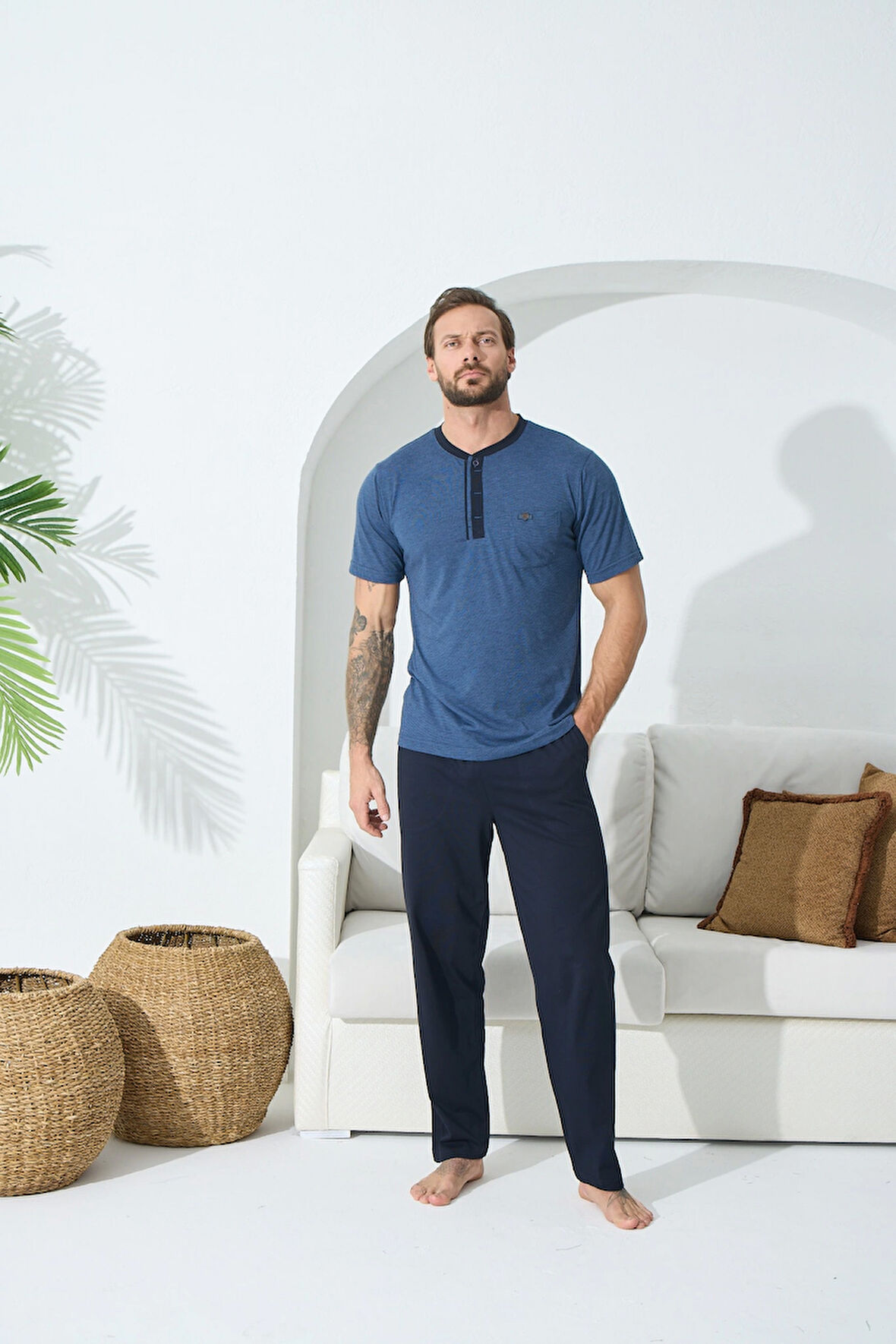 9513 Erkek Midi Yaka Kısa Kol Pijama Takım