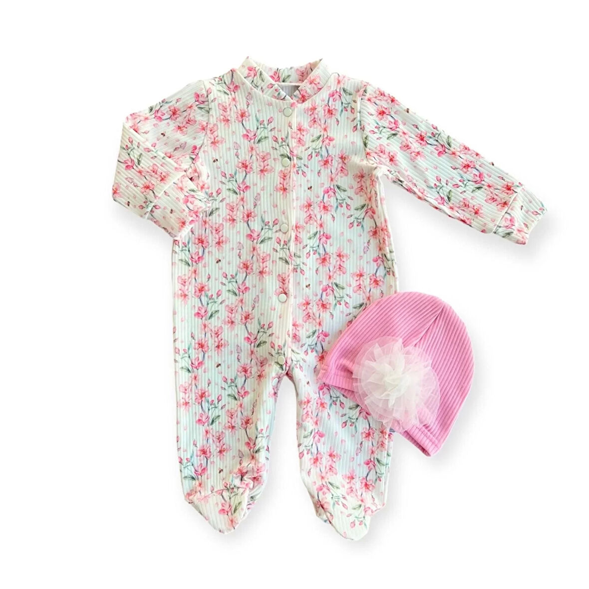 Lenaca 0-3-6-9 Ay Çiçek Baskılı Tam Boy Çıtçıtlı Patikli Güllü Boneli Kız Bebek Tulumu