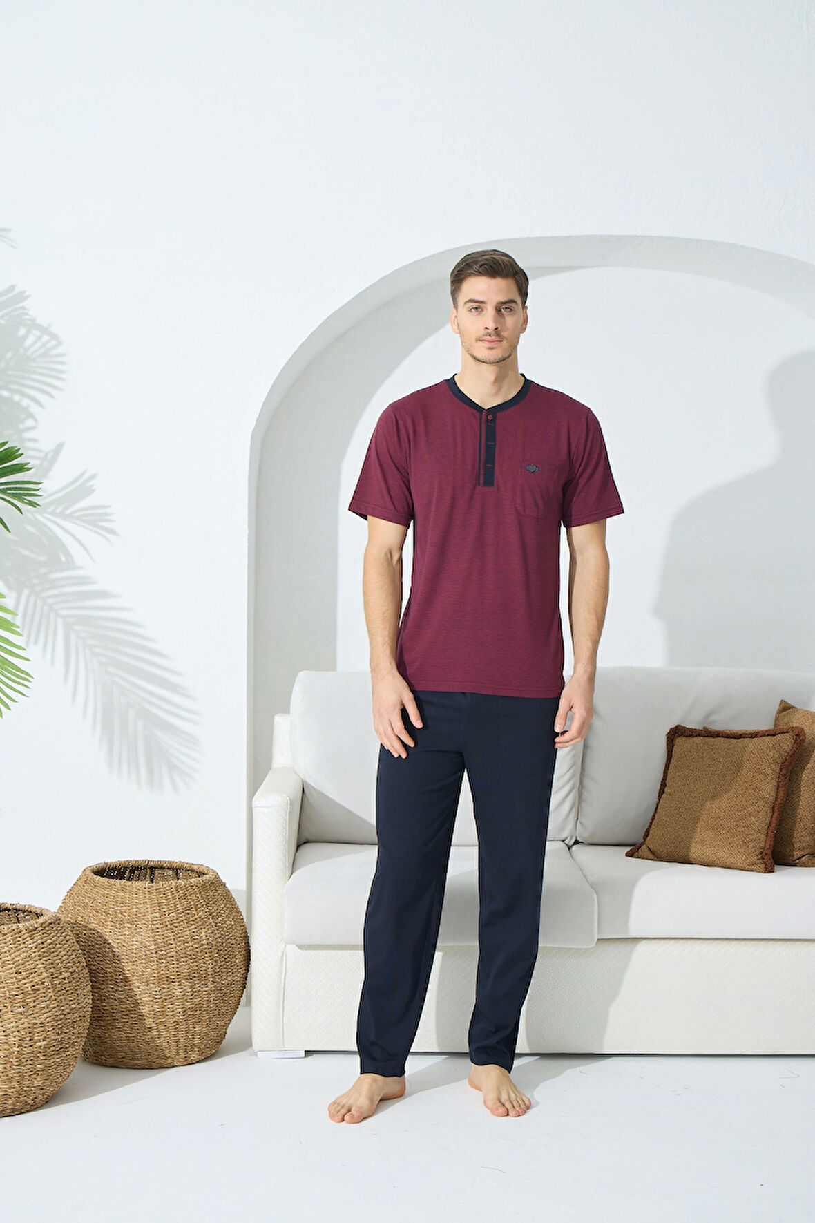 9513 Erkek Midi Yaka Kısa Kol Pijama Takım