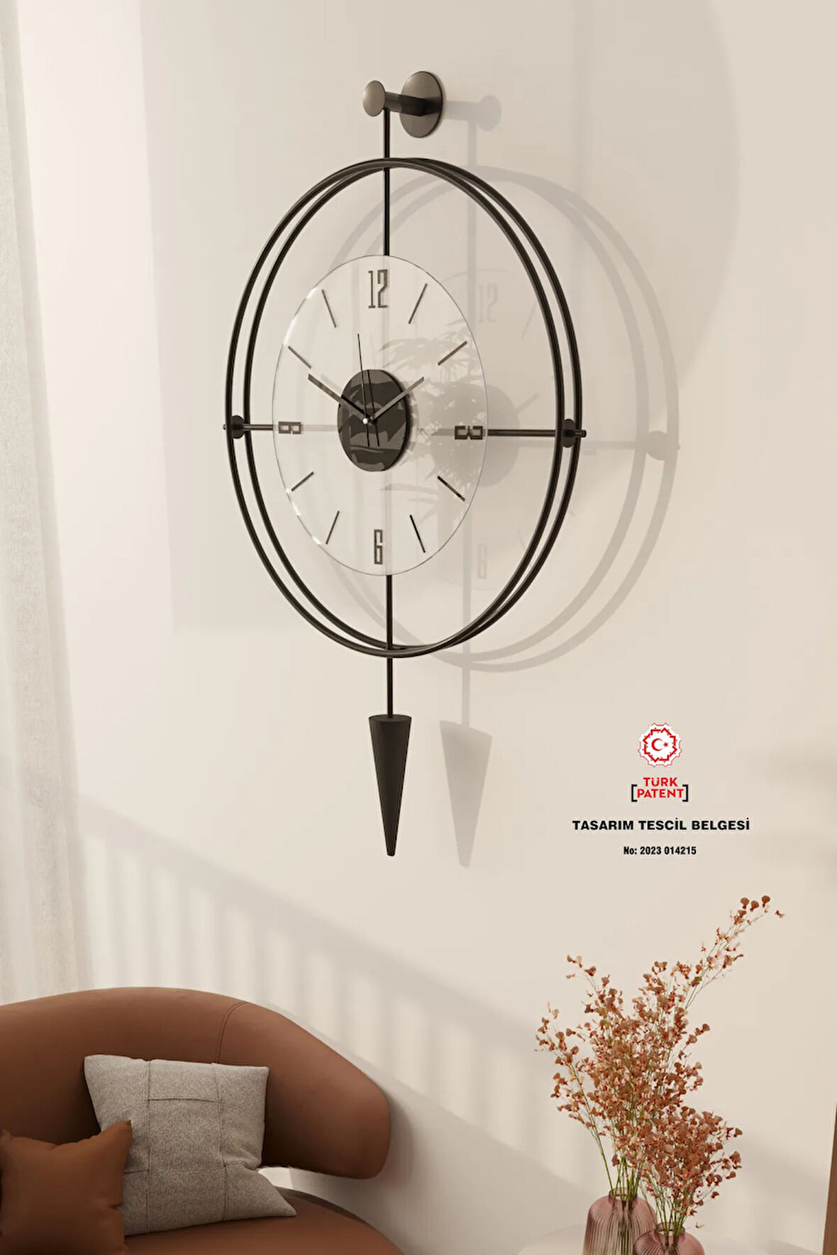 Büyük Boy (50X90CM) - Siyah Şeffaf Camlı Laclock Konikli - Kırılmaz Tamperli Cam) Duvar Saati