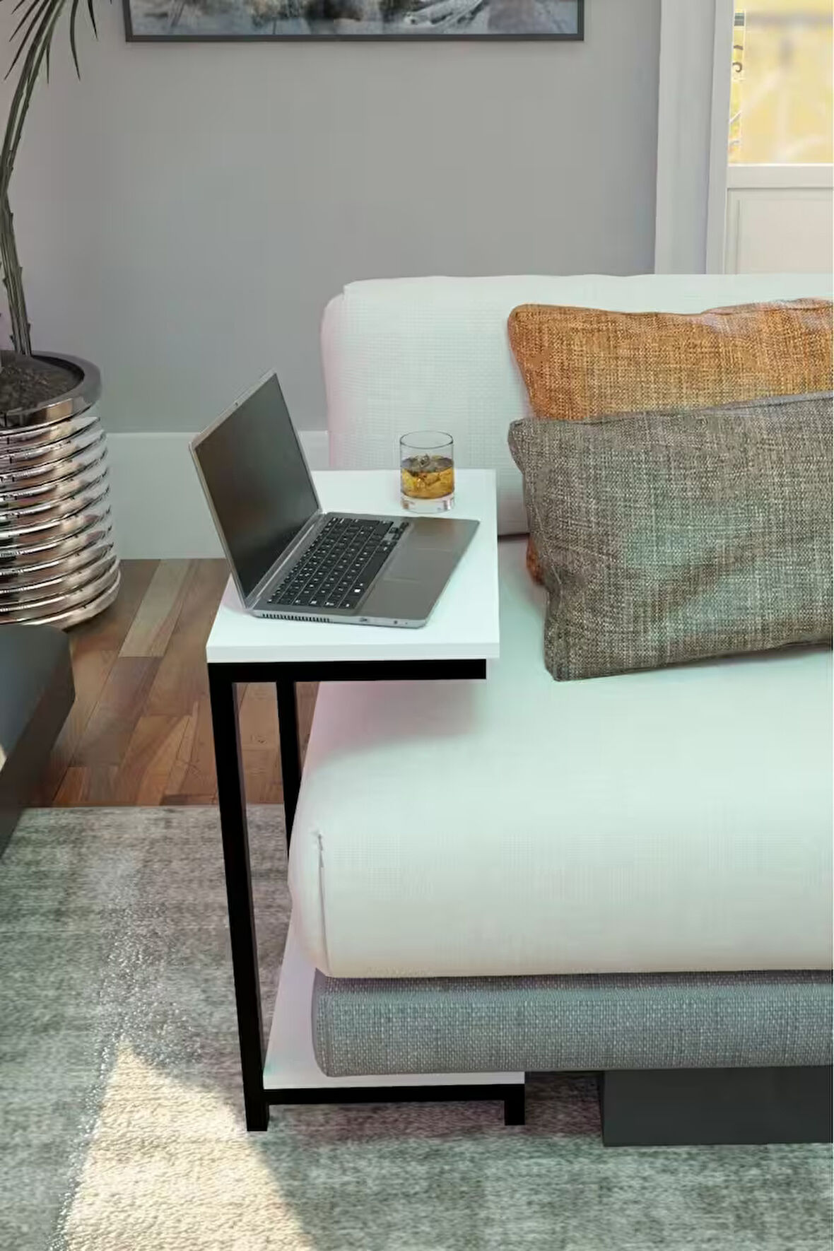 Çok Amaçlı Yan Sehpa – Metal Gövdeli Laptop Masası, Çalışma ve Servis Masası, Alt Raflı Düzenleyici 56x32x65 cm