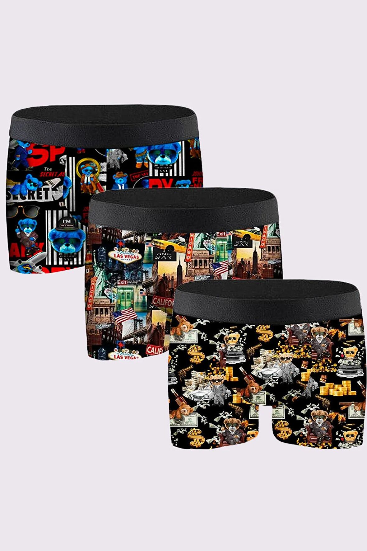 3'lü Erkek Desenli Boxer Paketleri %95 Pamuk Premium Collection - Çok Renkli