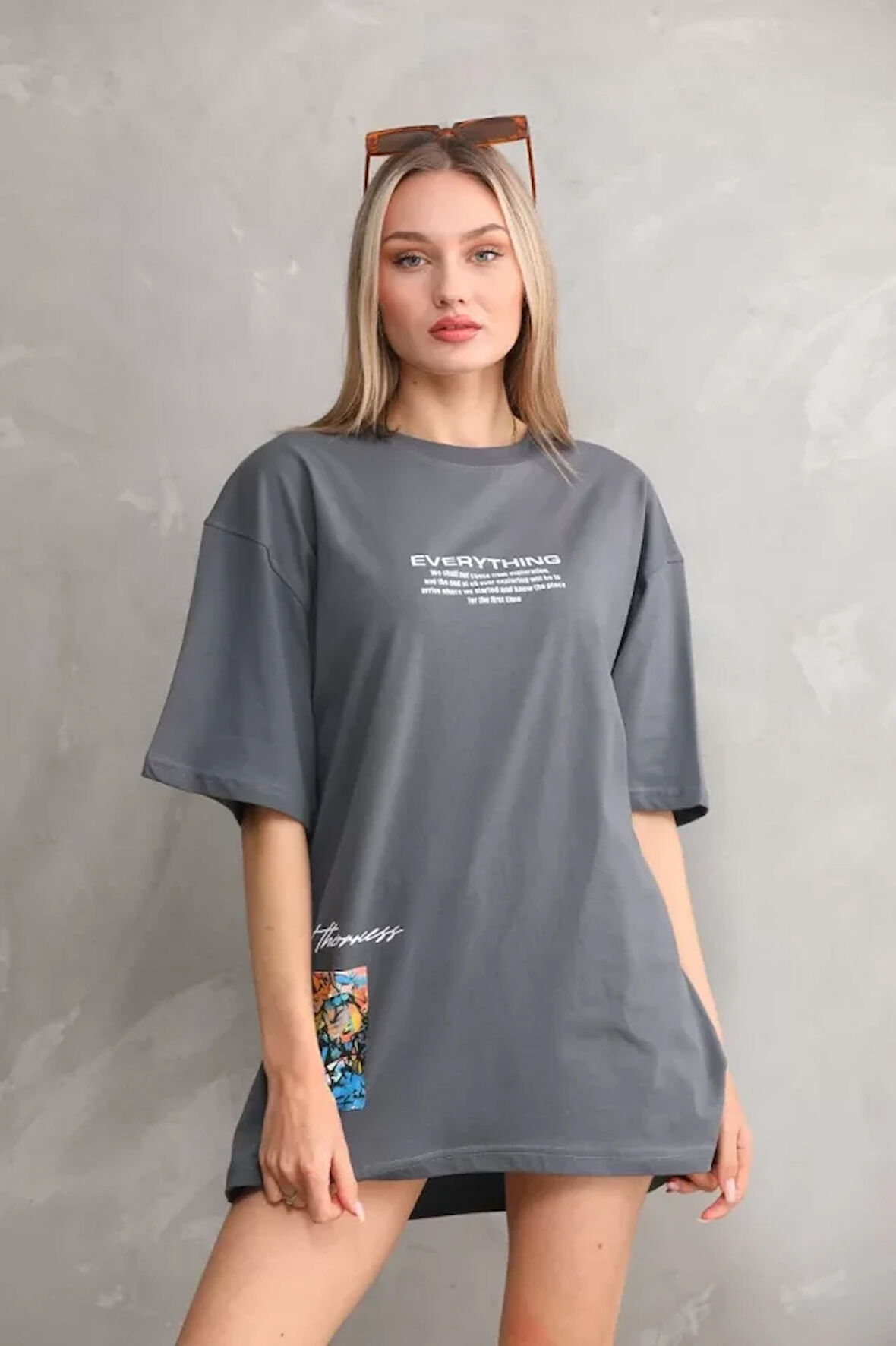 Livizmir Moda Unisex Bisiklet Yaka Baskılı Oversize T-Shirt - Gri