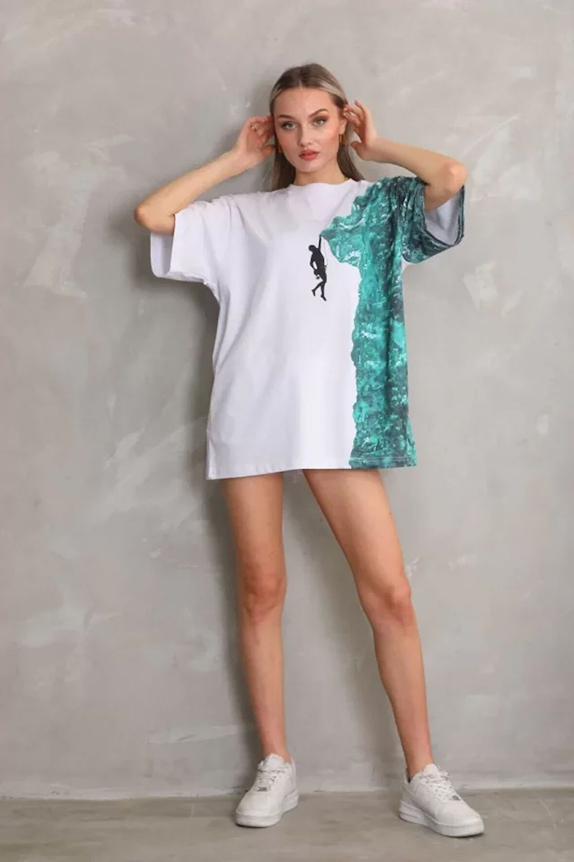 Livizmir Moda Unisex Bisiklet Yaka Baskılı Oversize T-Shirt - Beyaz