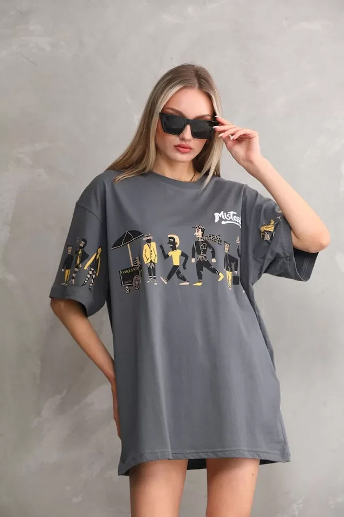 Livizmir Moda Unisex Bisiklet Yaka Baskılı Oversize T-Shirt - Gri
