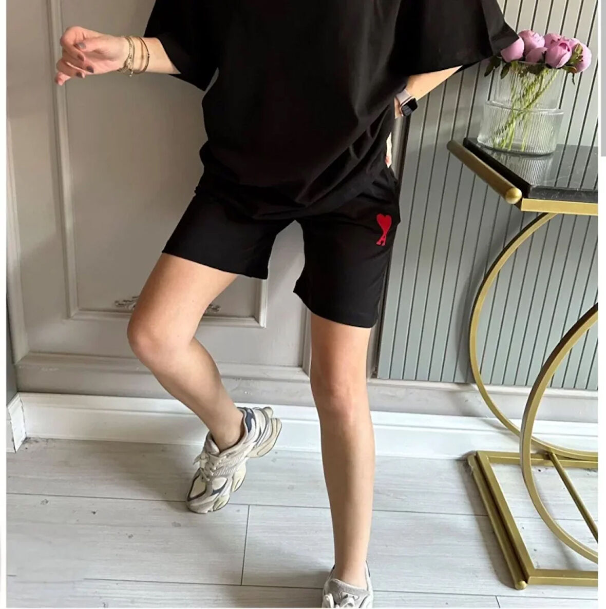 Livizmir Moda Unisex İki İplik Baskılı Cepli Oversize Şort - Siyah