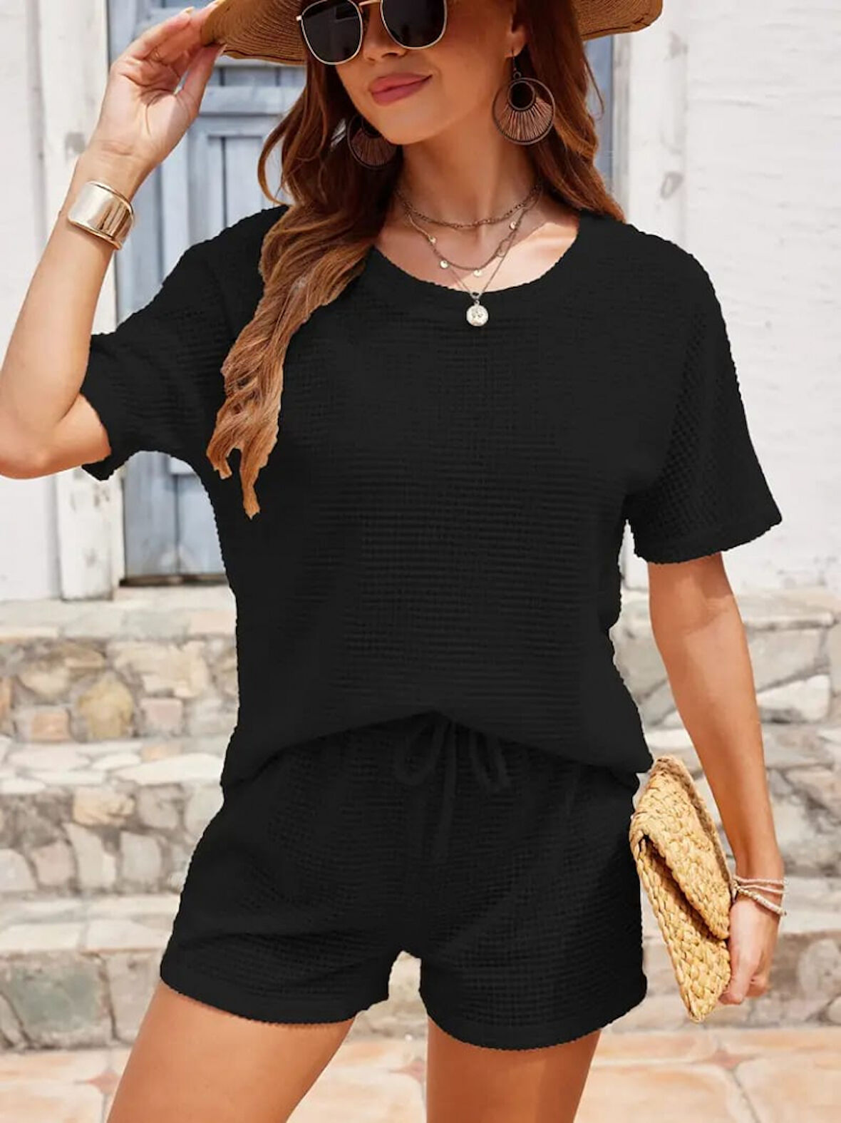 Livizmir Moda Kadın Kısa Kollu Bisiklet Yaka Alt Ve üst Waffle Ikili Takım