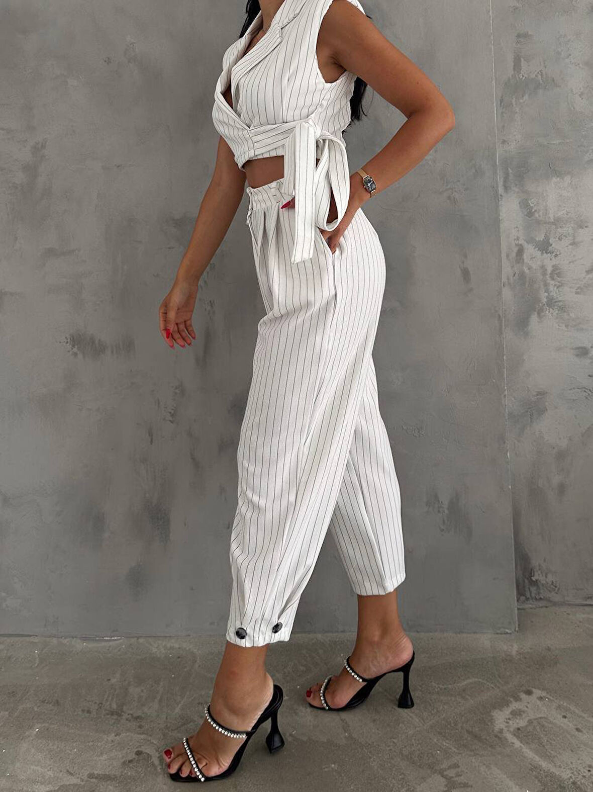 Livizmir Moda Kadın örme Krep Kumaş çizgi Desenli Kuşak Detaylı Ceket Ve Pantolon Takım