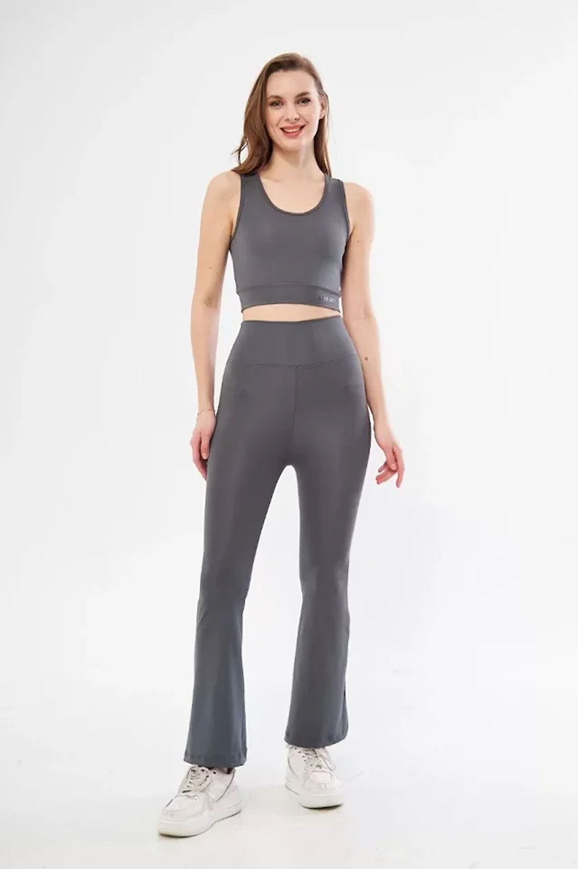 Livizmir Moda İspanyol Paça Taytli Croplu Takım - Füme