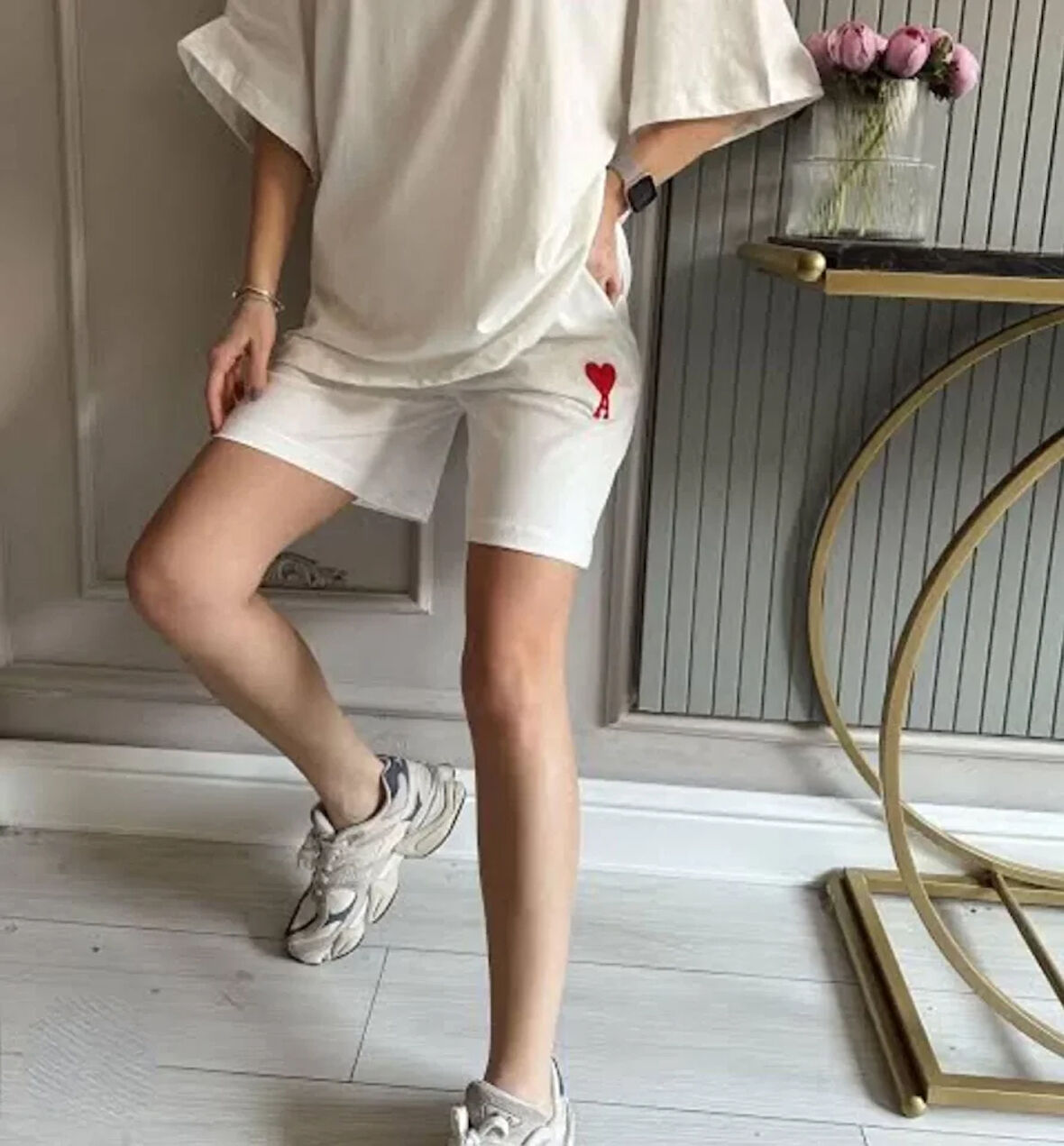 Livizmir Moda Unisex İki İplik Baskılı Cepli Oversize Şort - Beyaz