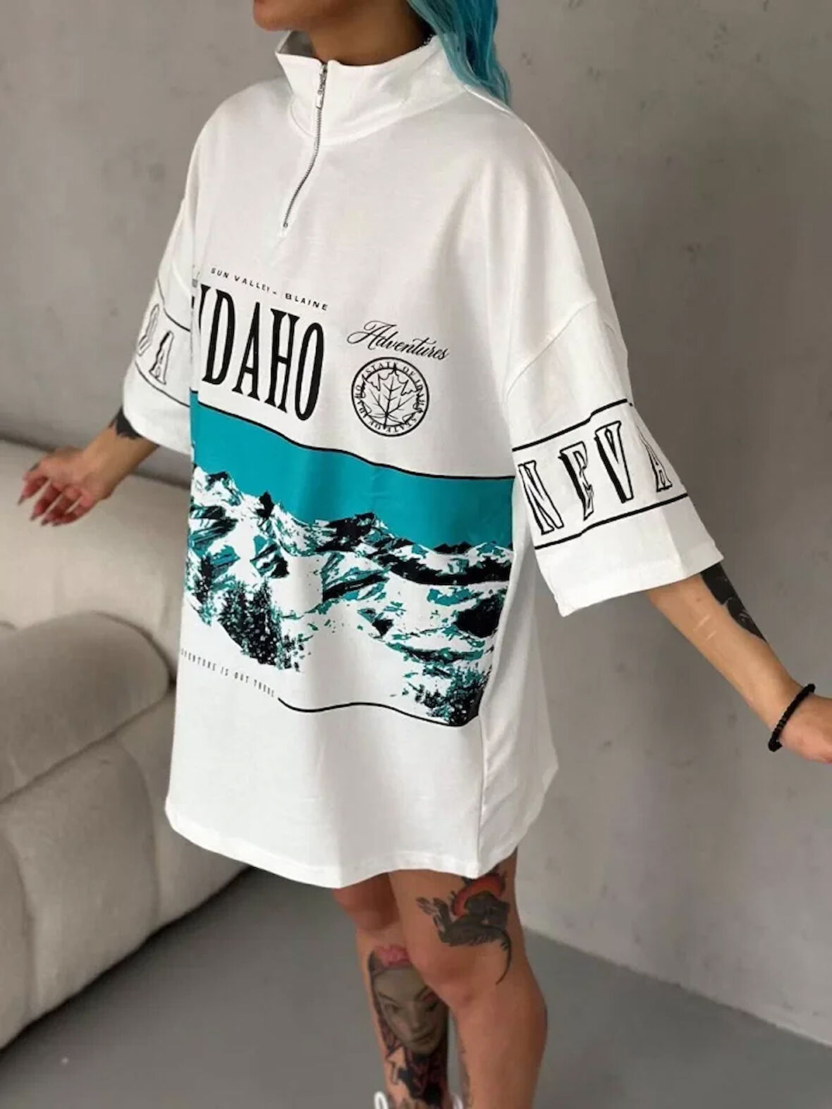Livizmir Moda Unisex Baskılı Yarım Fermuarlı T-Shirt - Beyaz