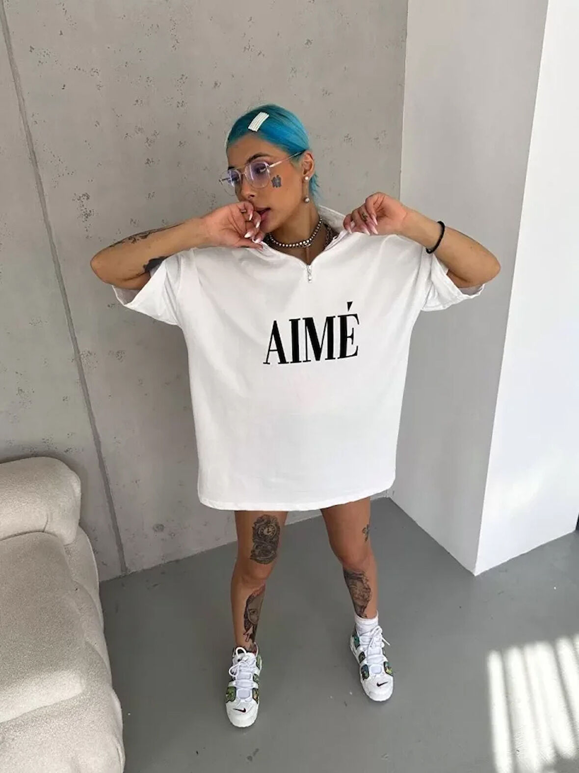 Livizmir Moda Unisex Yarım Fermuarlı Baskılı T-Shirt - Beyaz