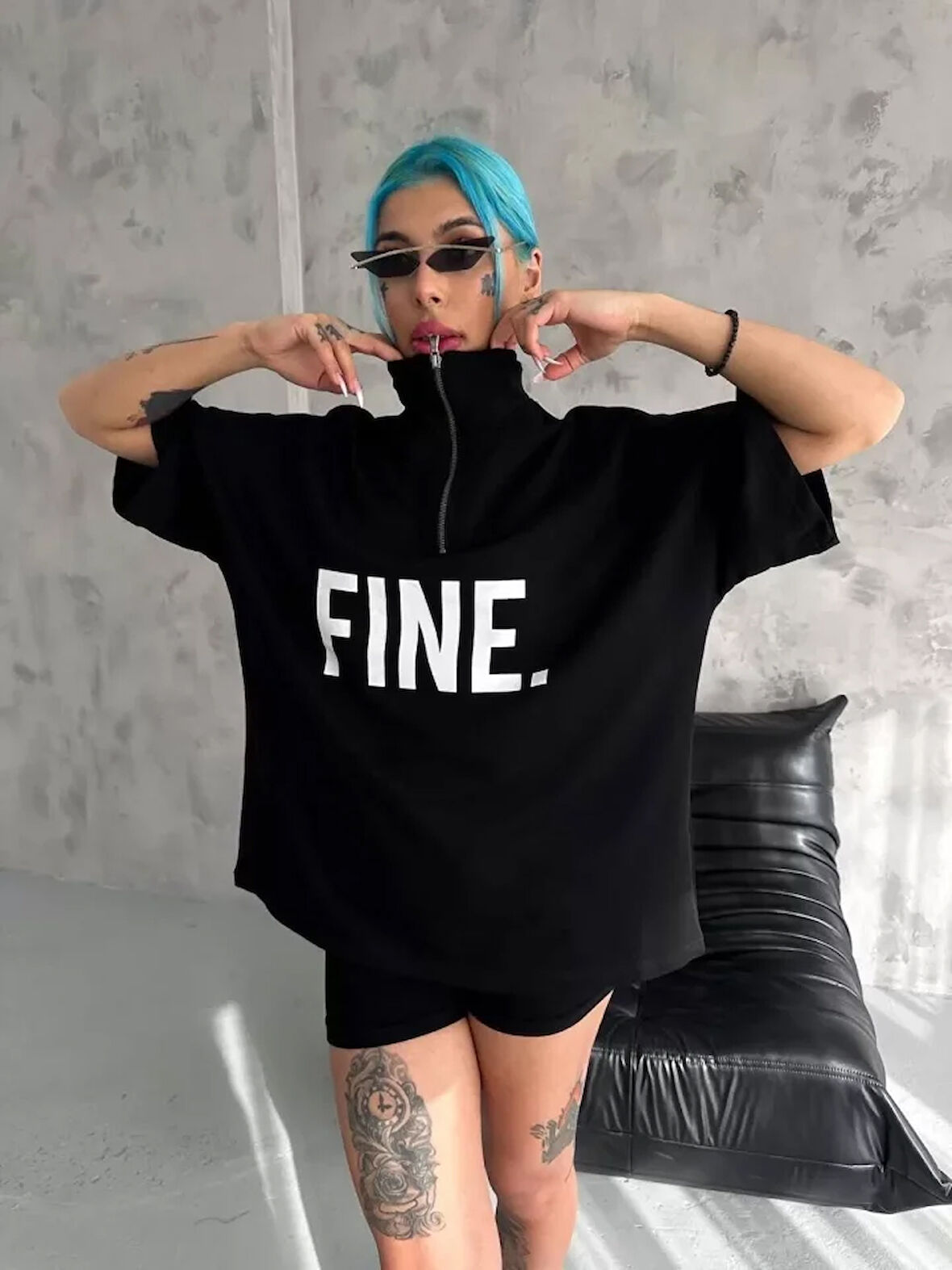 Livizmir Moda Unisex Baskılı Yarım Fermuarlı T-Shirt - Siyah