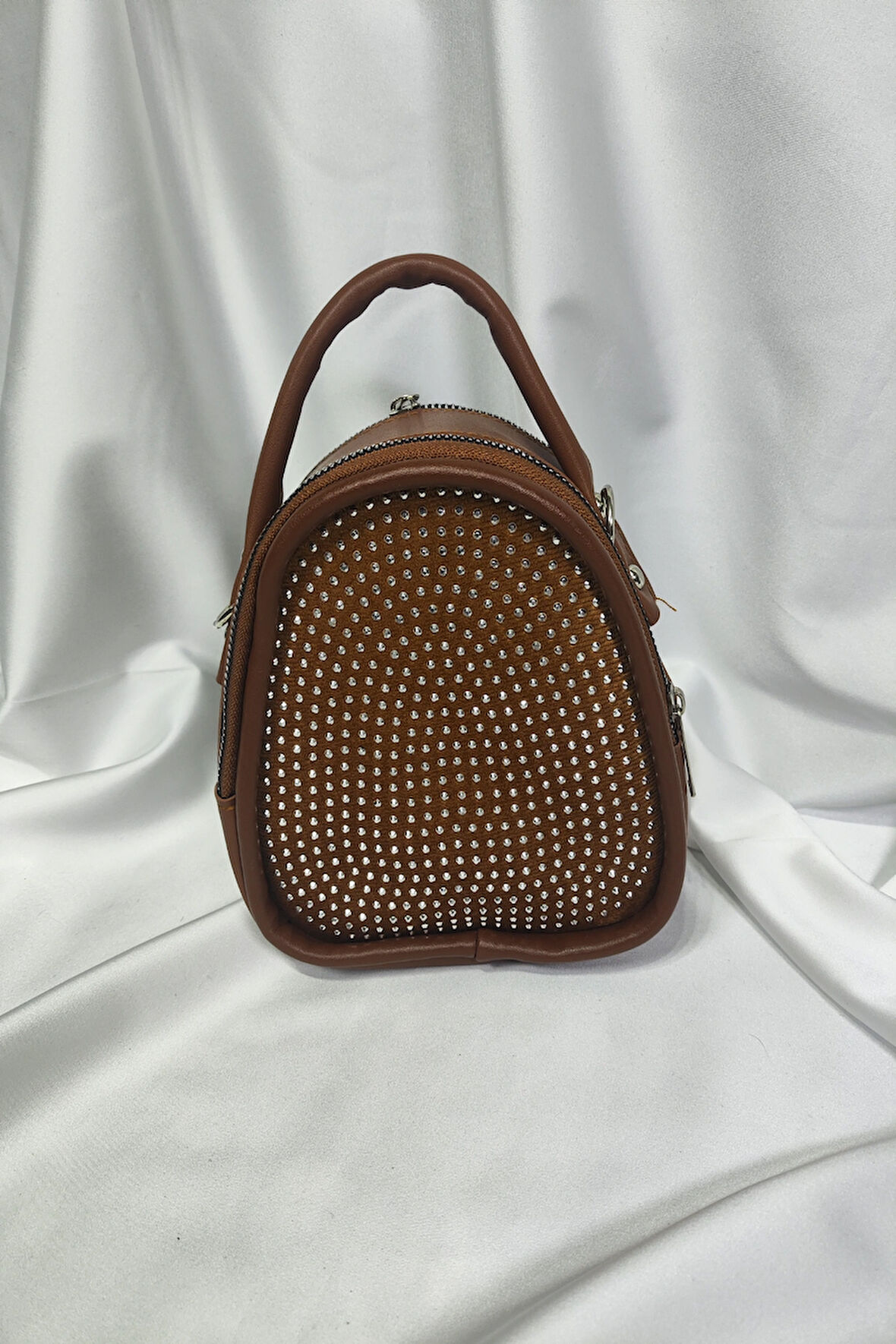 Taşlı Sunni Deri Kadın Çantası, Omuzda ve Elde Taşınabilir Fermuarlı Kahverengi