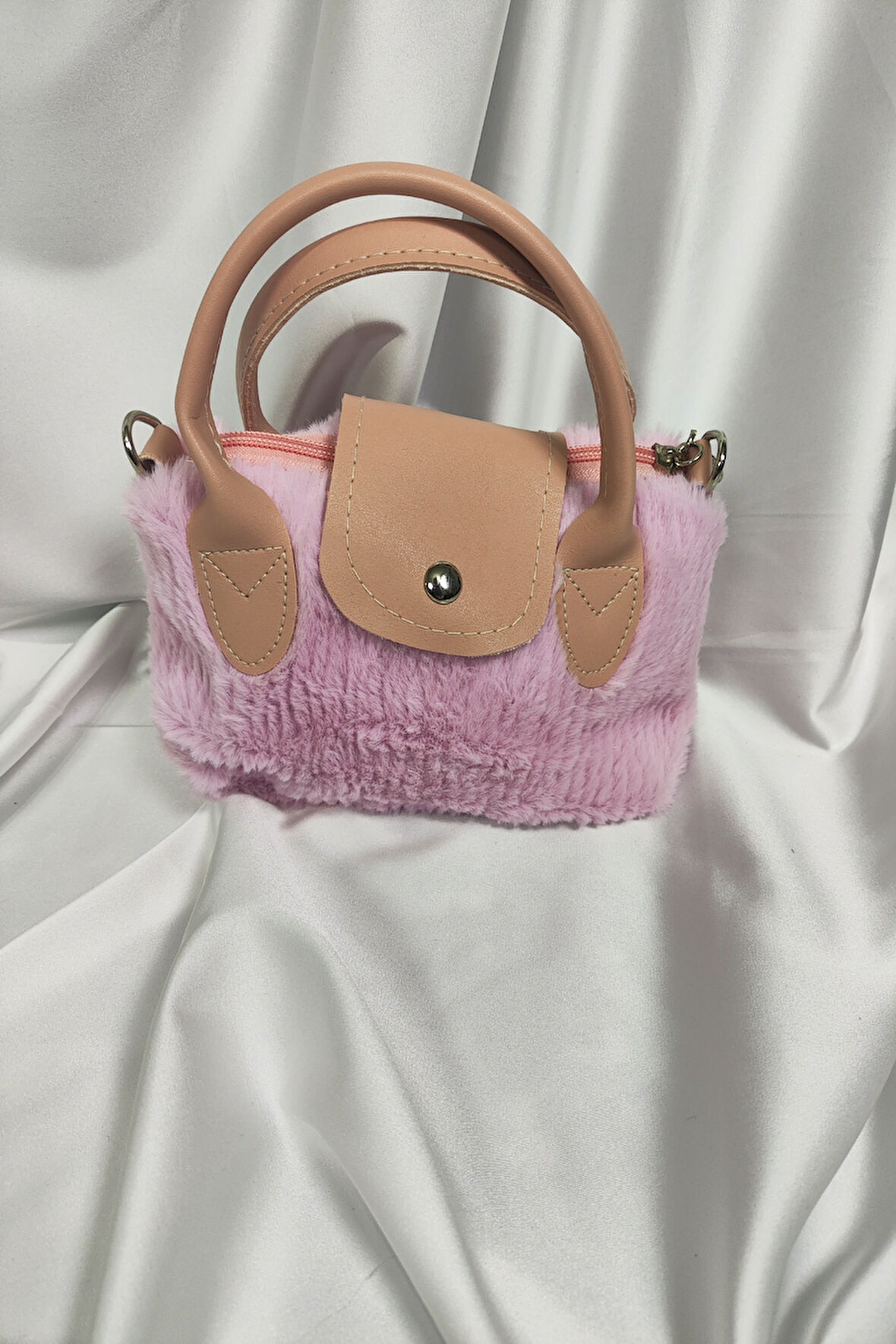 Peluş Çanta, Fermuaralı, Elde ve Omuz Askılı, Kahverengi Askılı, Açık Pembe