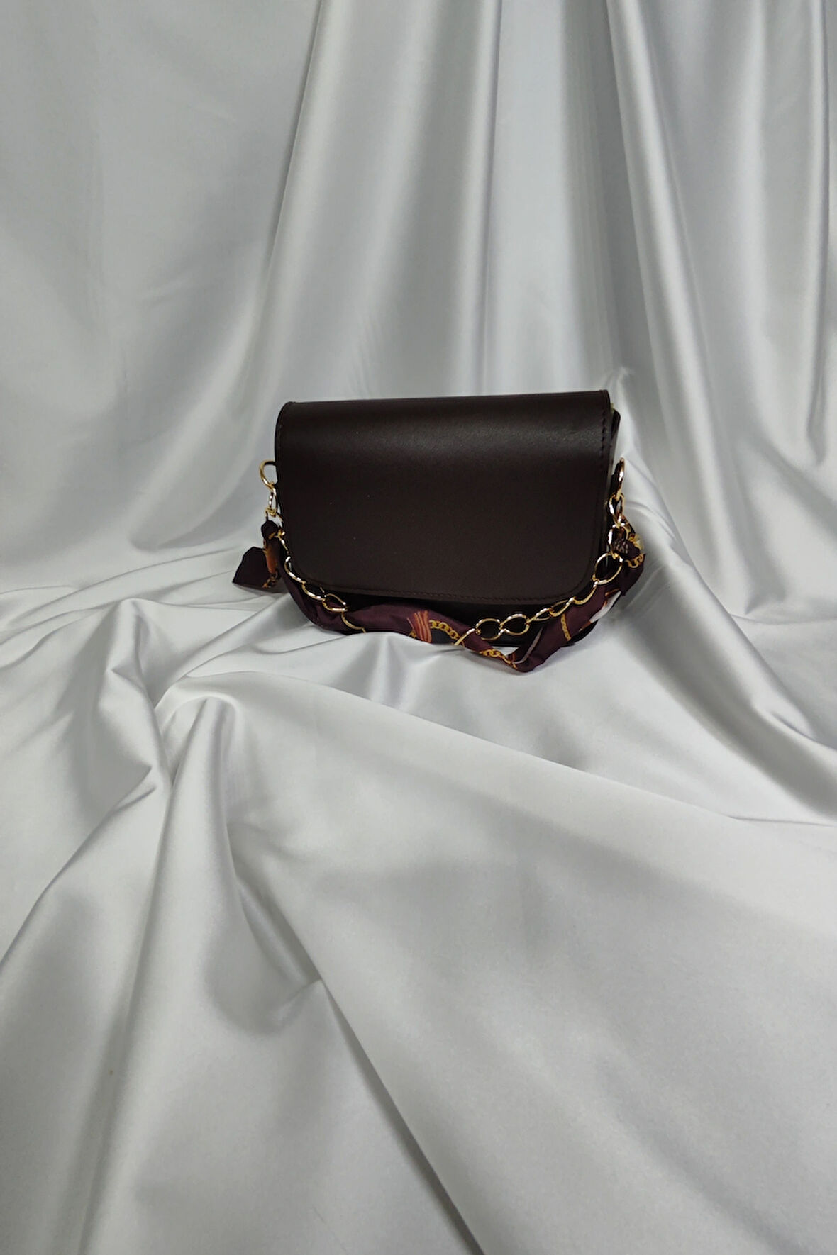 Kadın Çantası, Fermuaralı, Elde ve Omuz Askılı, Eşarp Süslemeli Kahverengi