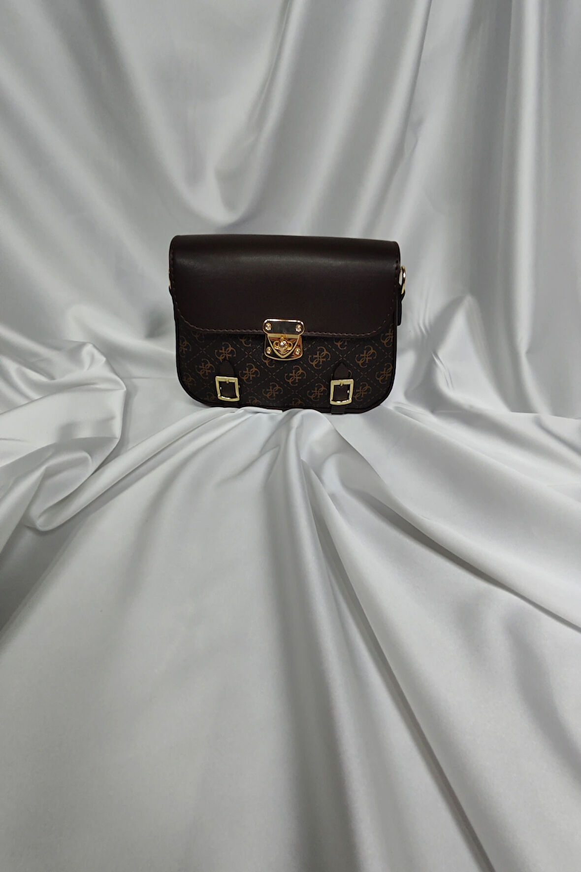 Desenli Tekstil ve Sunni Deri Kadın Çantası, Omuzda ve Elde Taşınabilir Fermuarlı Kahverengi